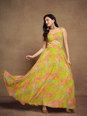 Lime Green Georgette Wide Shoulder Strap Front Cut Out Dress
