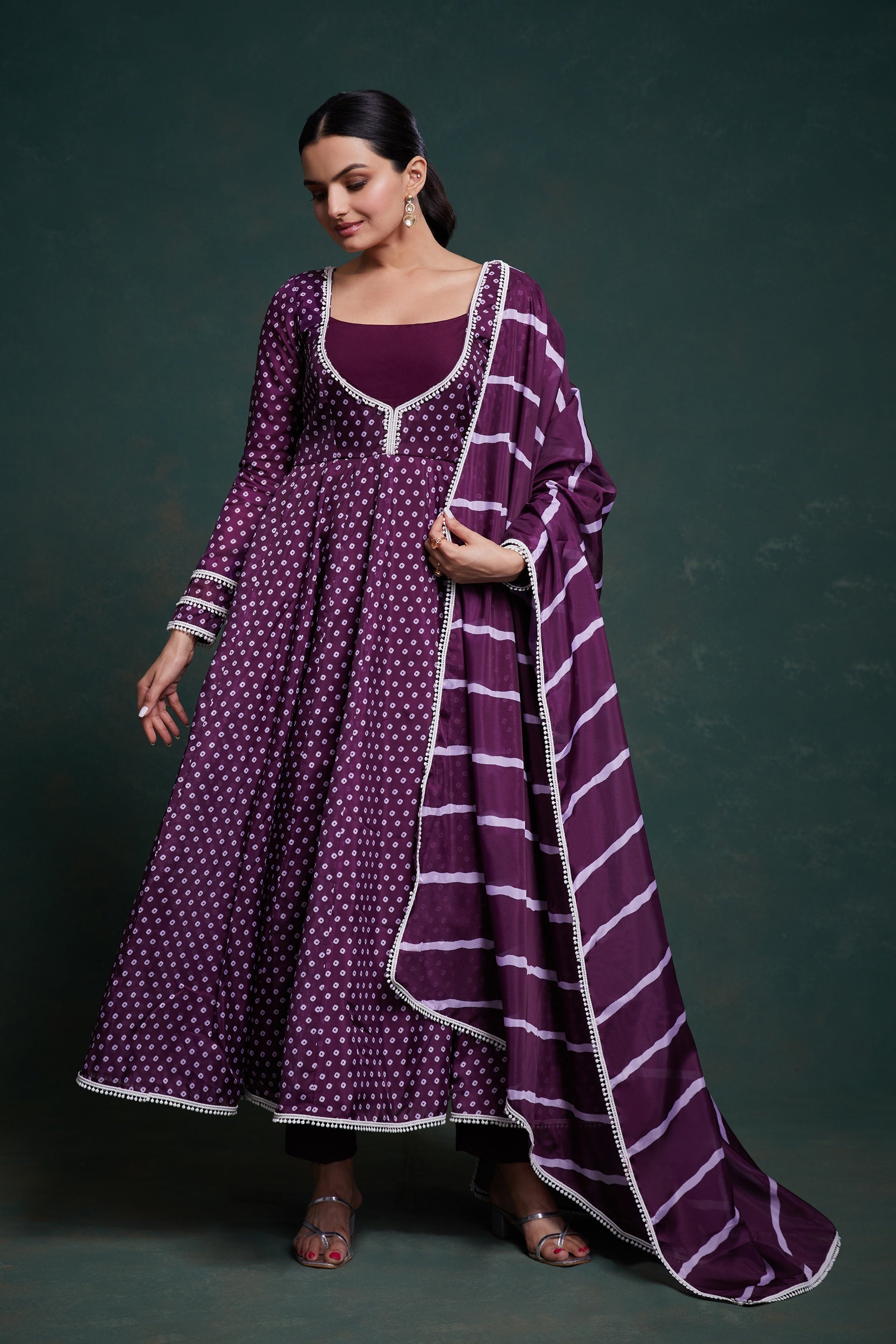 Fusionic Dandhani Deep Purple Anarkali