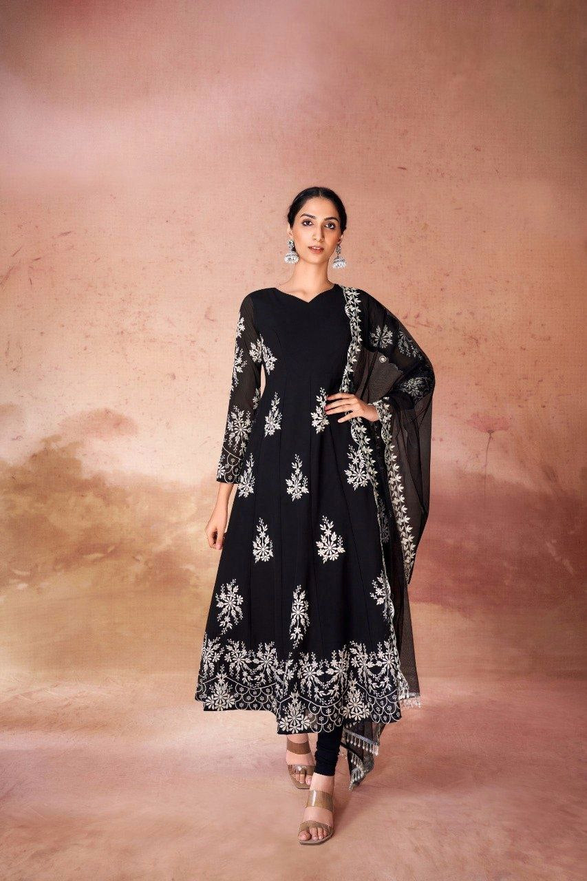 Anarkali Kurta Set  White Floral Thread Work On Black Georgette Fabric