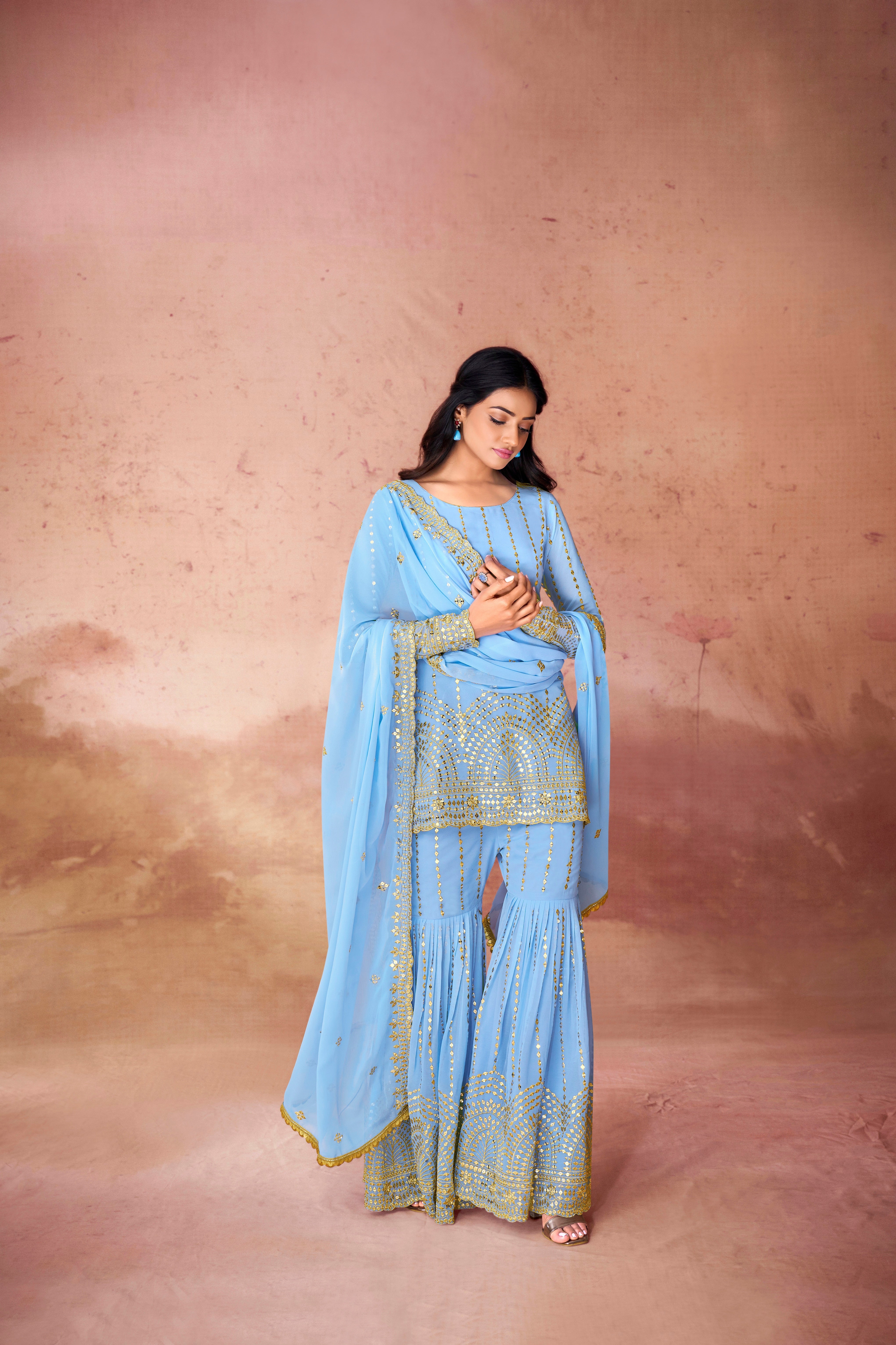 Sky Blue Sharara Suit Made Of Georgette Fabric