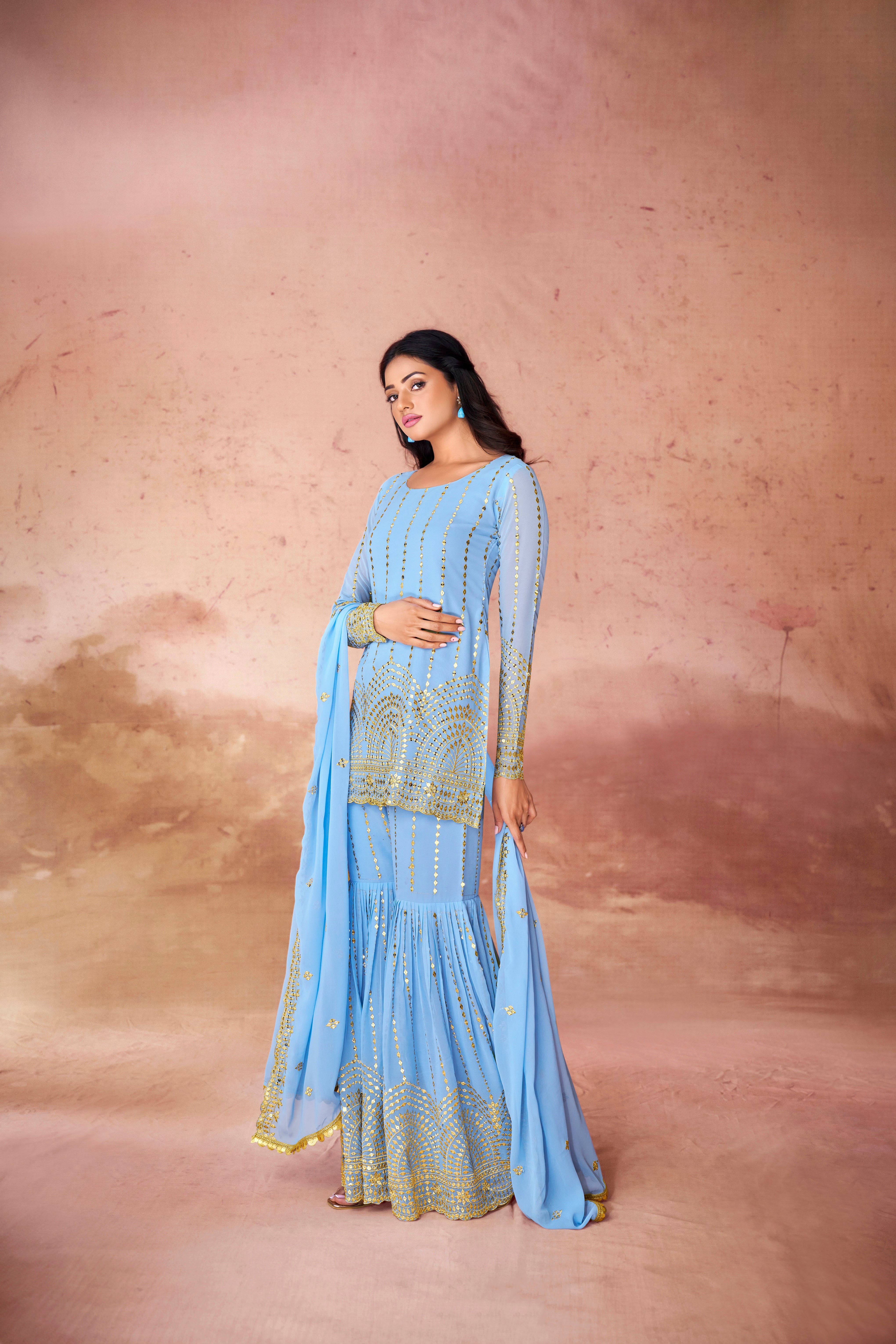 Sky Blue Sharara Suit Made Of Georgette Fabric