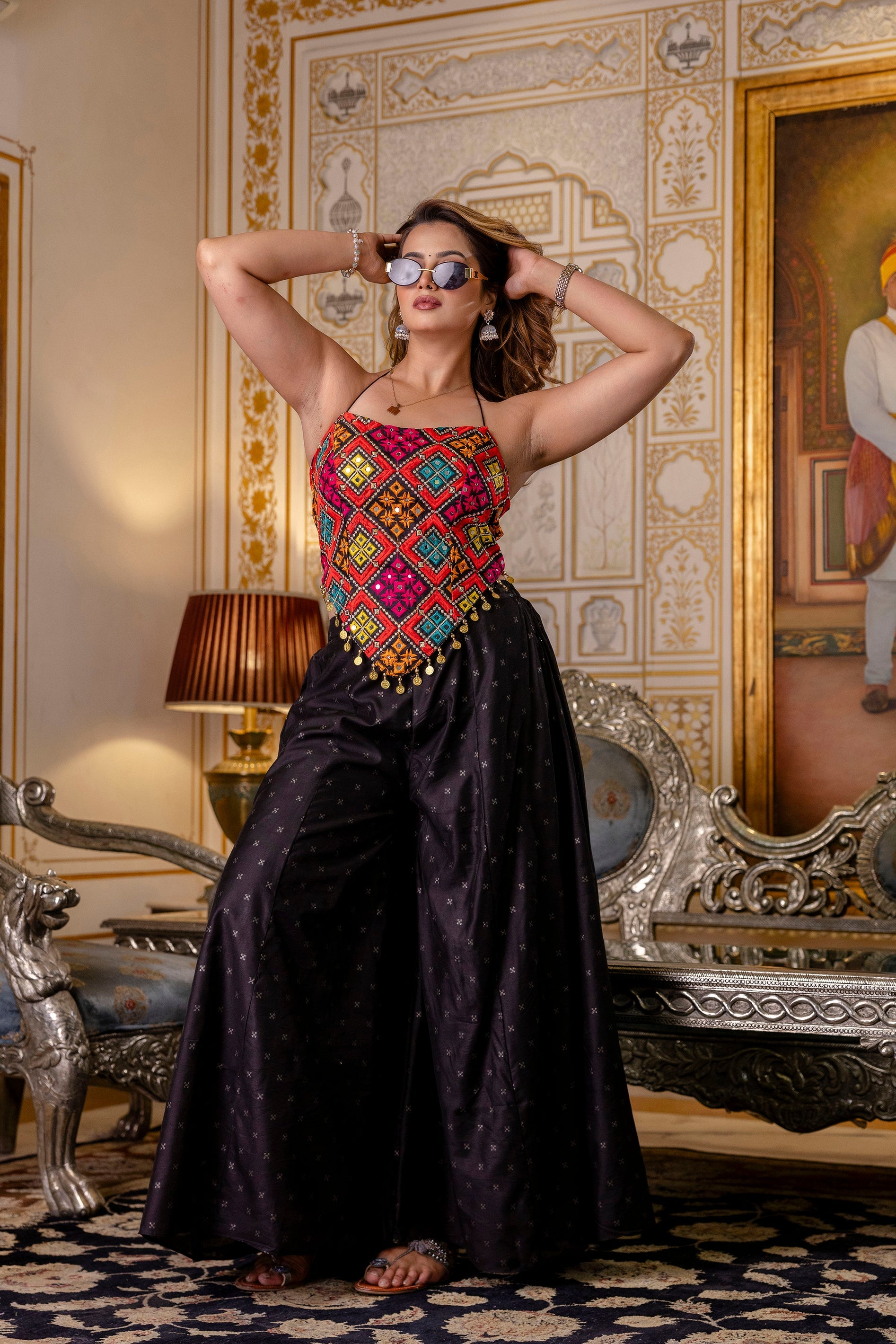 Bangalori Silk Top Paired with Flared Palazzo Pants