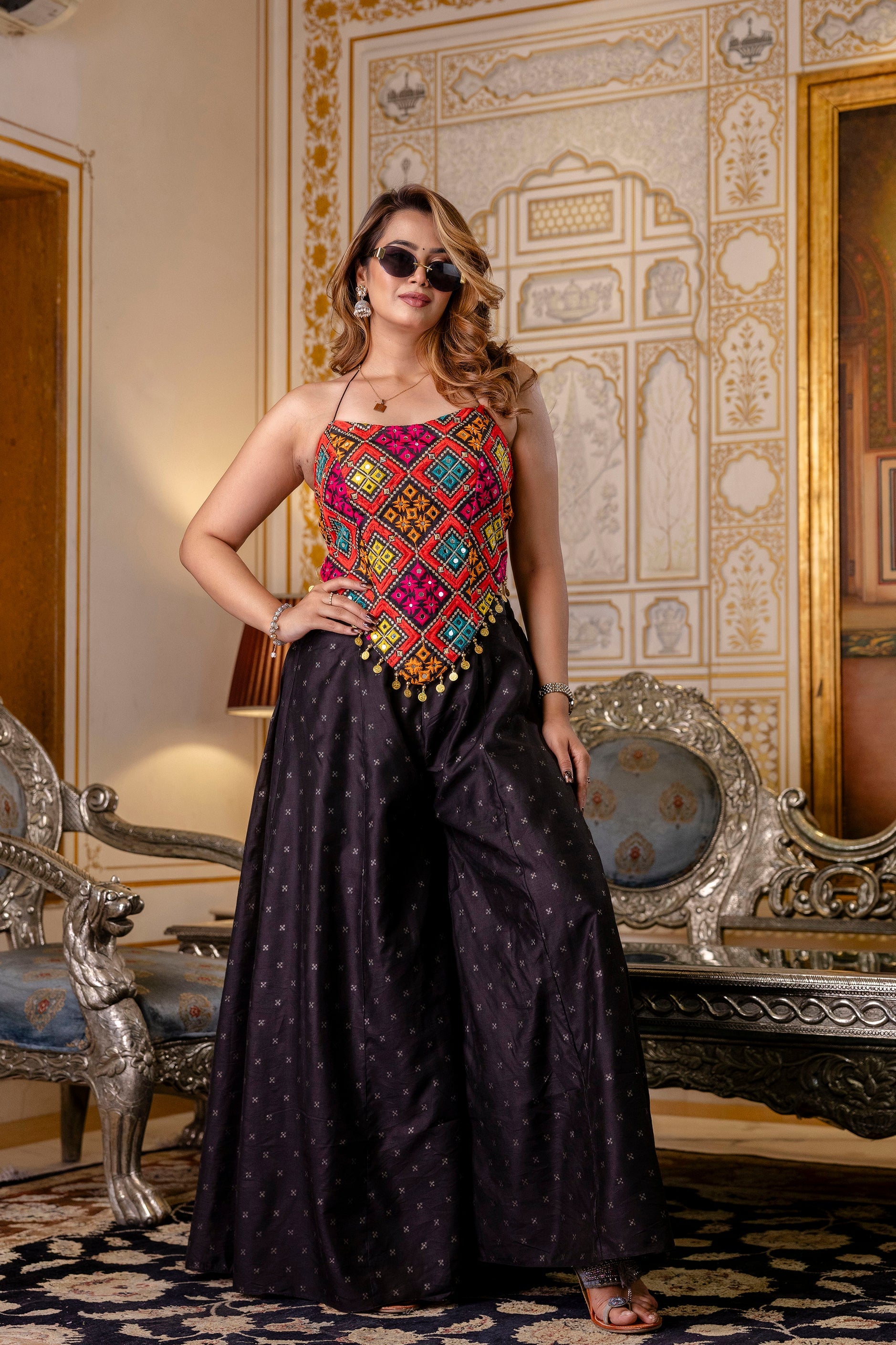 Bangalori Silk Top Paired with Flared Palazzo Pants