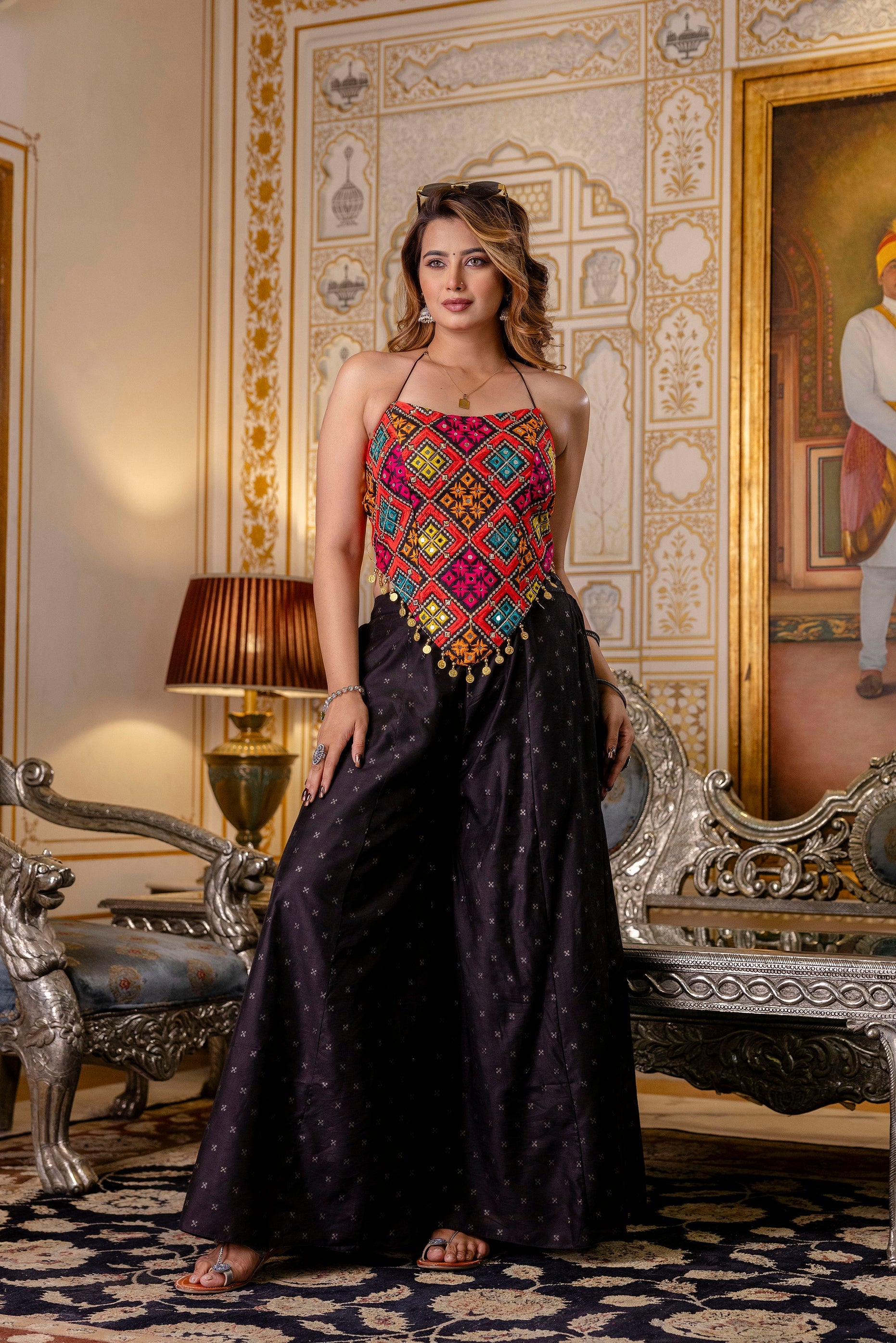 Bangalori Silk Top Paired with Flared Palazzo Pants