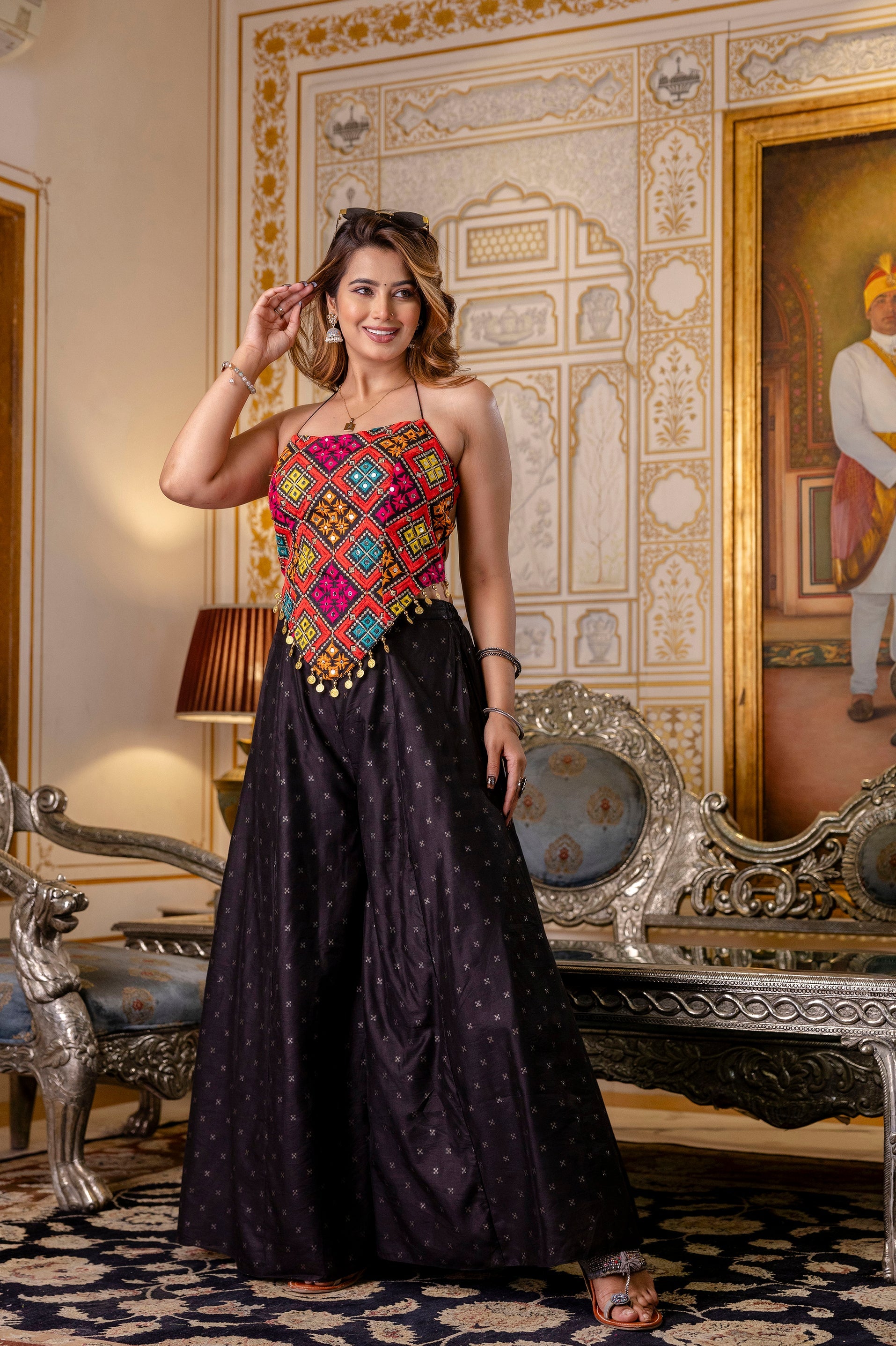Bangalori Silk Top Paired with Flared Palazzo Pants
