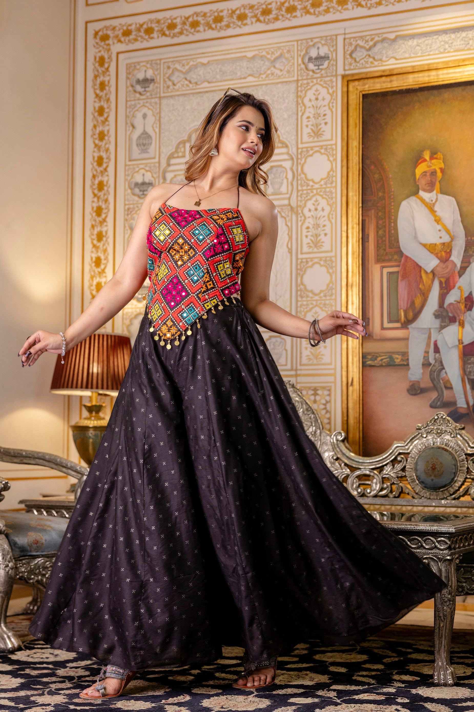 Bangalori Silk Top Paired with Flared Palazzo Pants