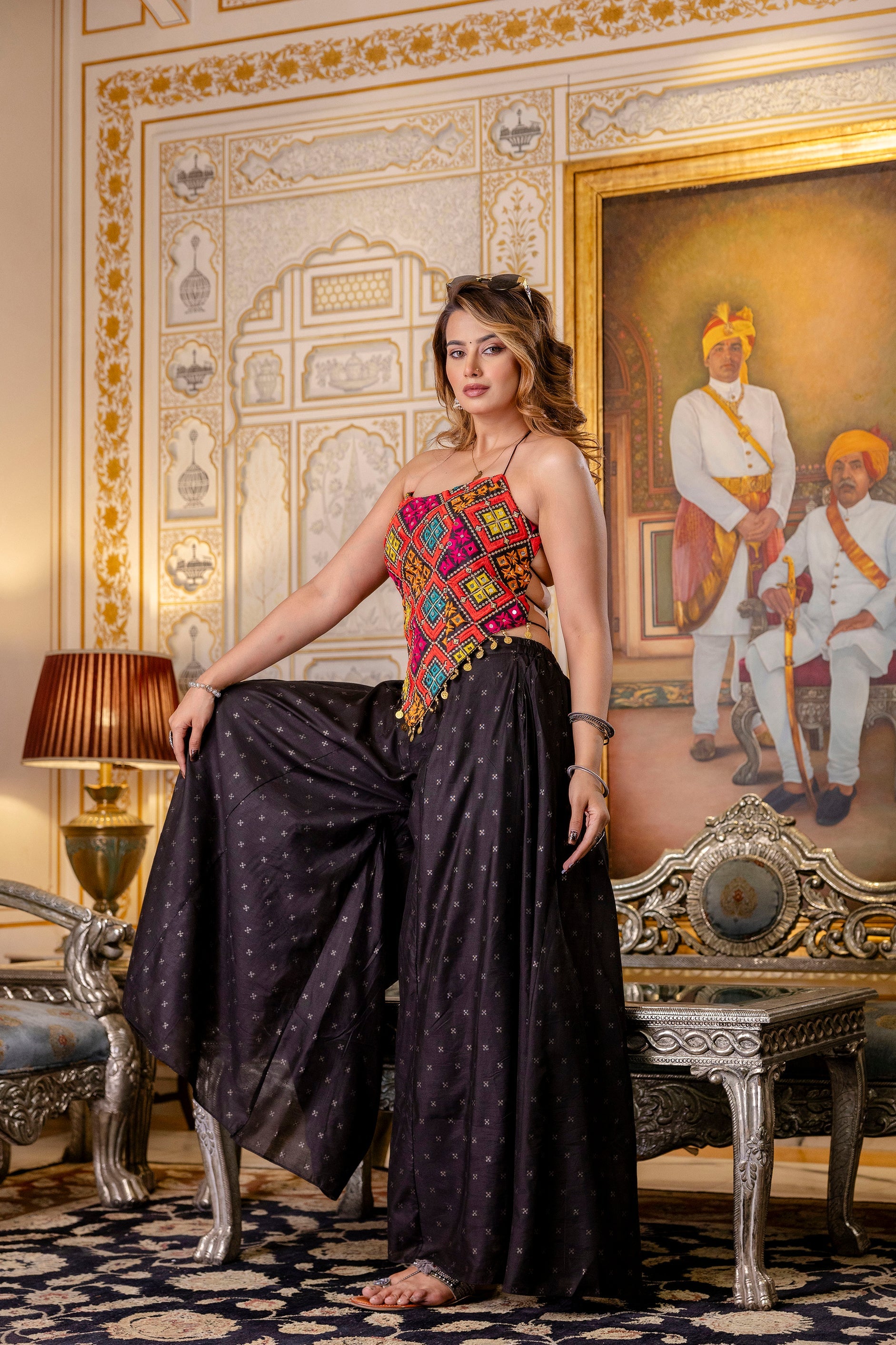 Bangalori Silk Top Paired with Flared Palazzo Pants
