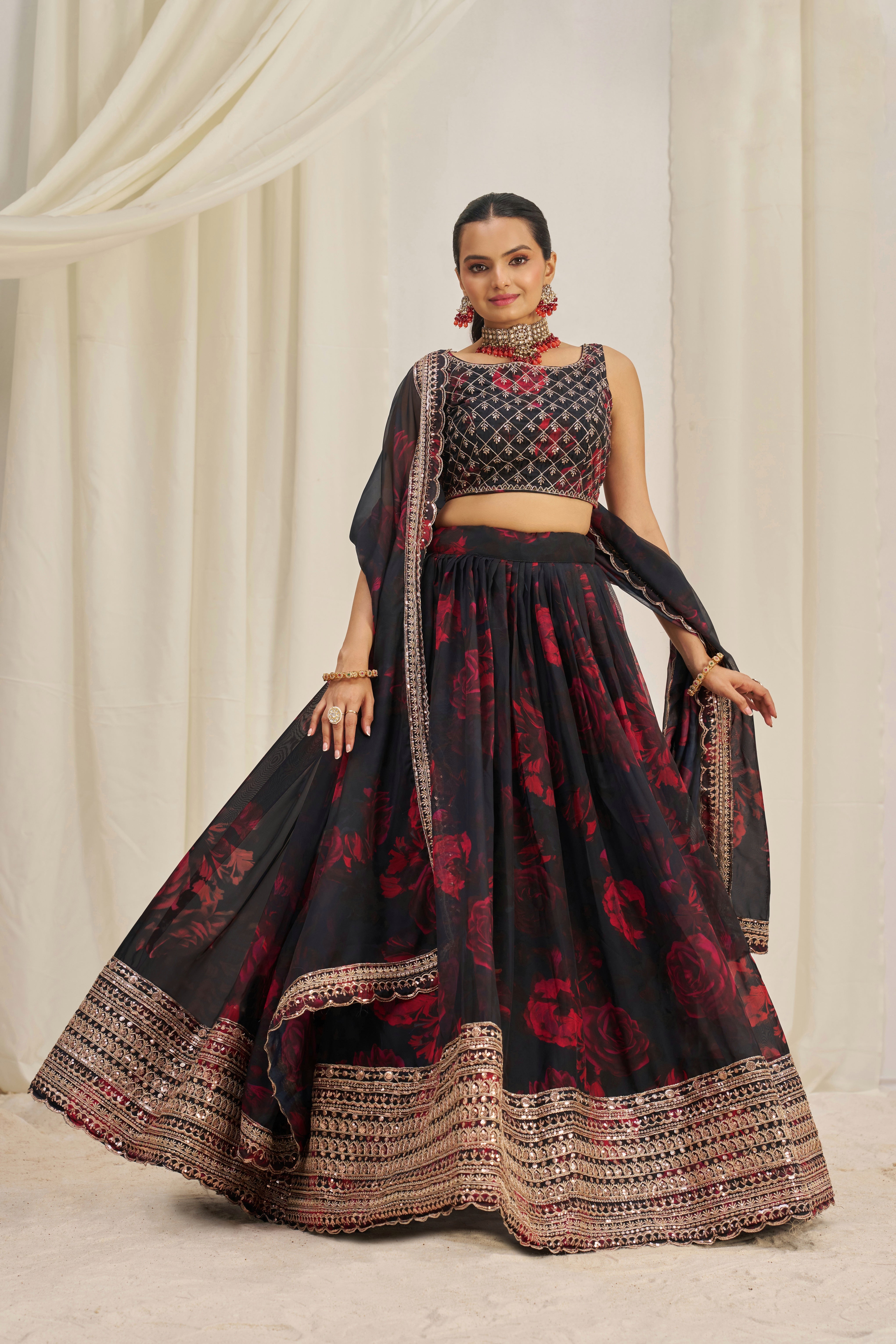 Black Organza Lehenga Choli Featuring Red Floral Prints