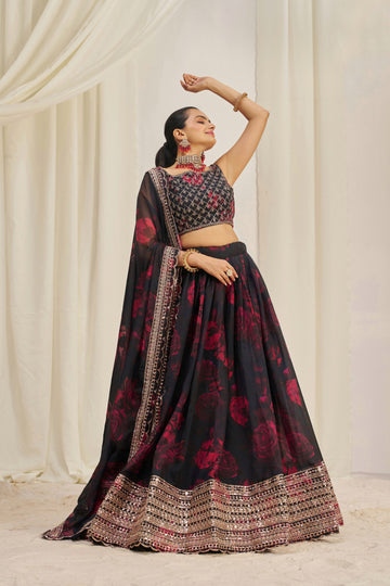 Black Organza Lehenga Choli Featuring Red Floral Prints