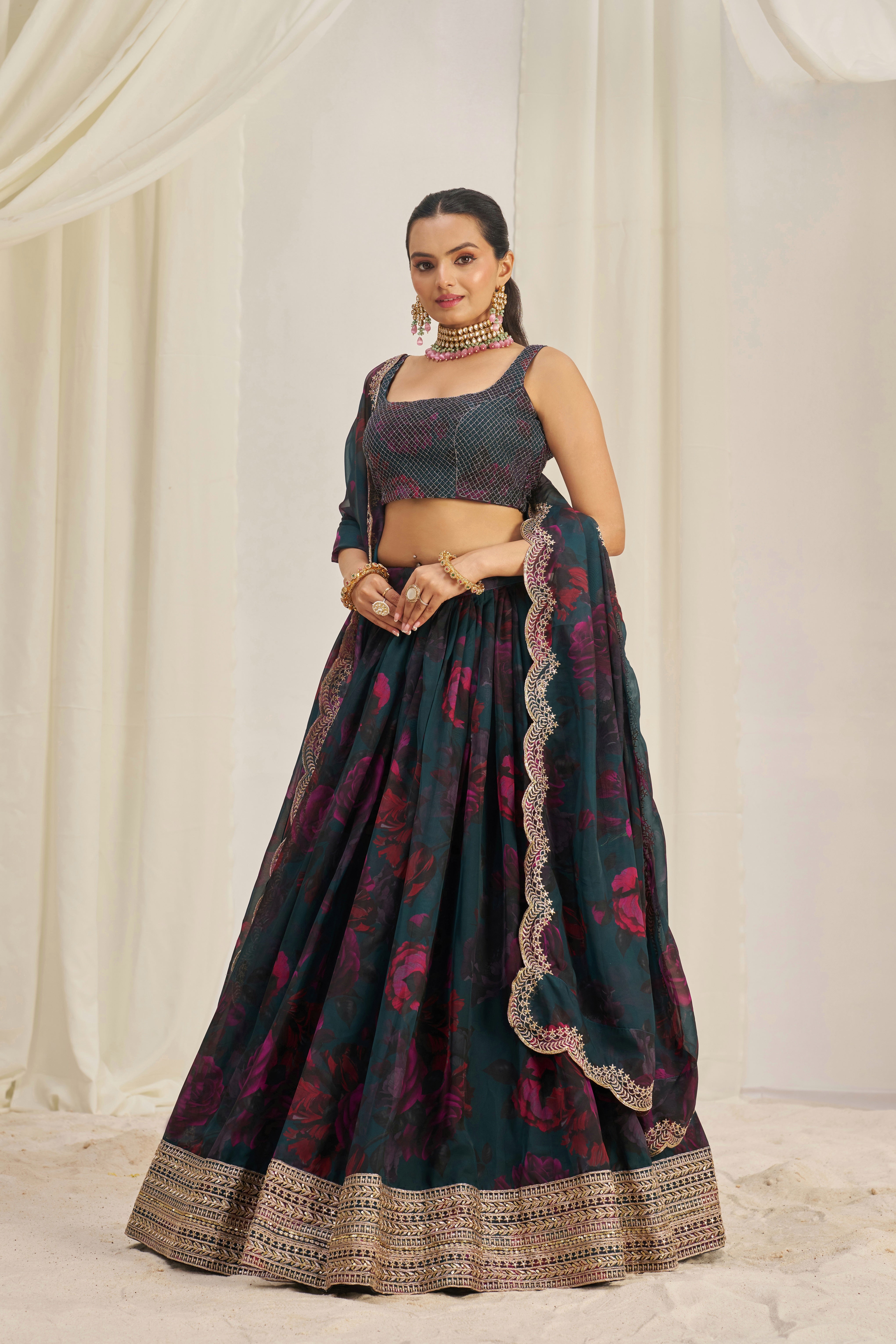 Teal Blue Floral Printed Organza Lehenga Choli
