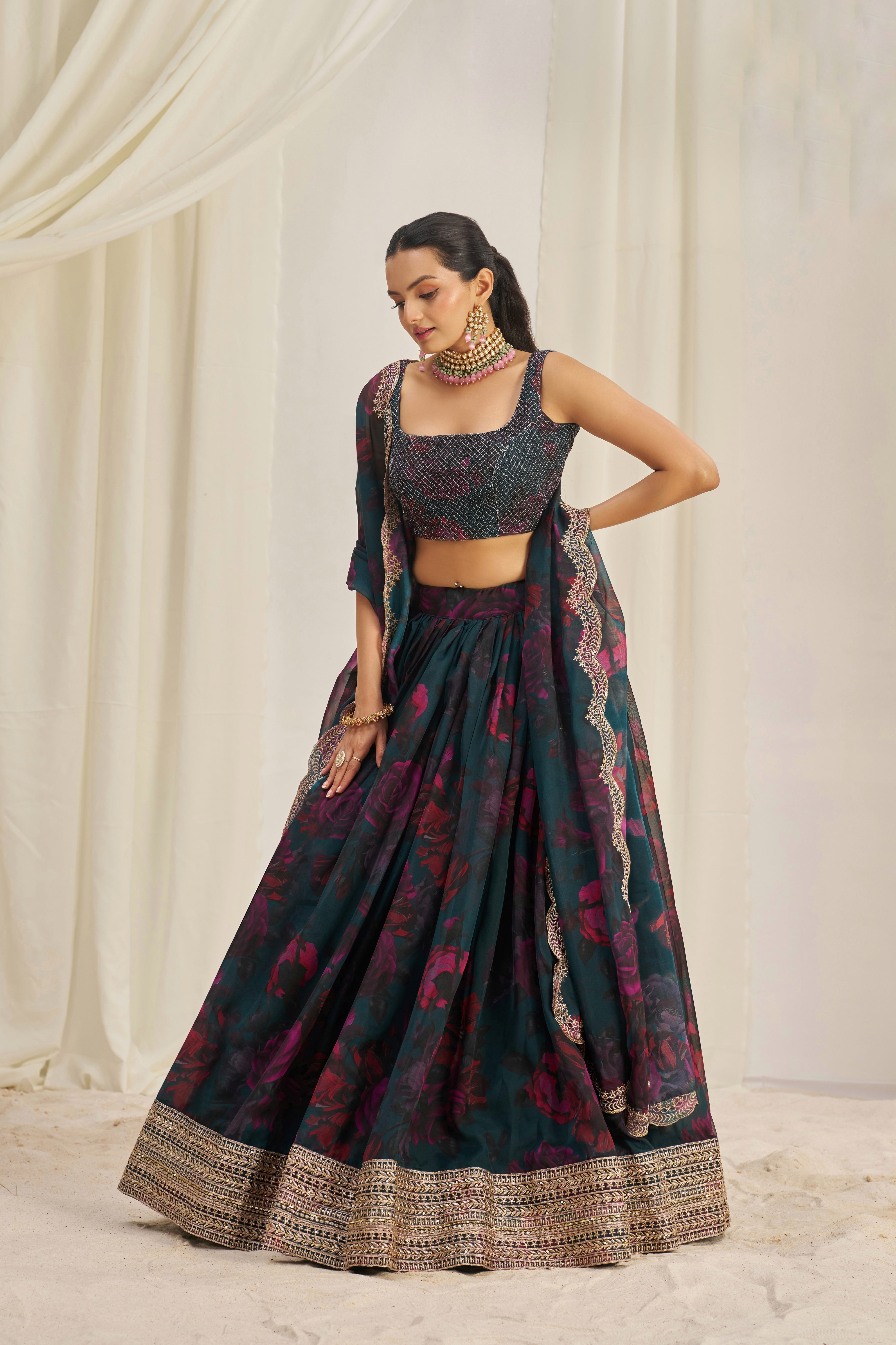 Teal Blue Floral Printed Organza Lehenga Choli