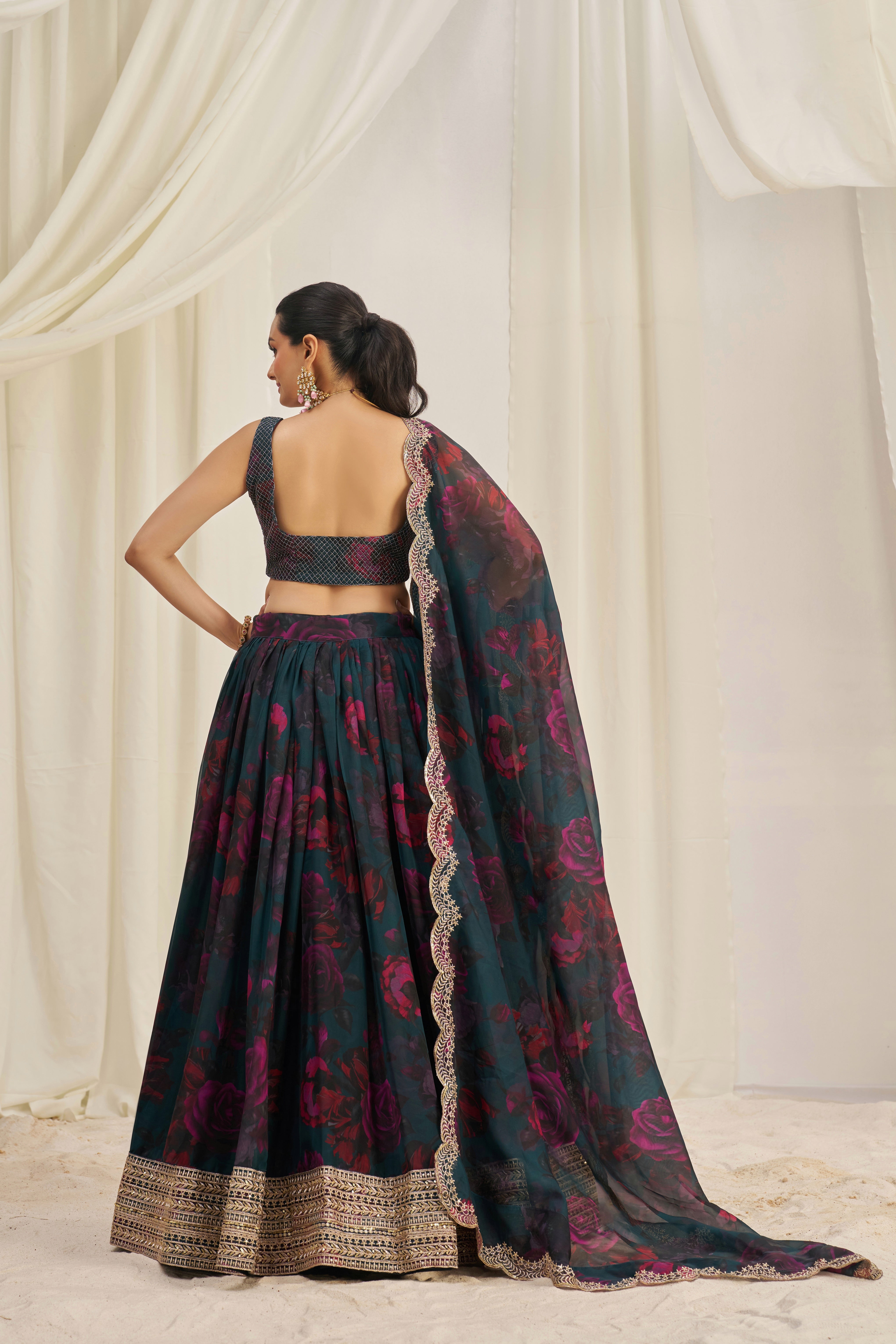 Teal Blue Floral Printed Organza Lehenga Choli