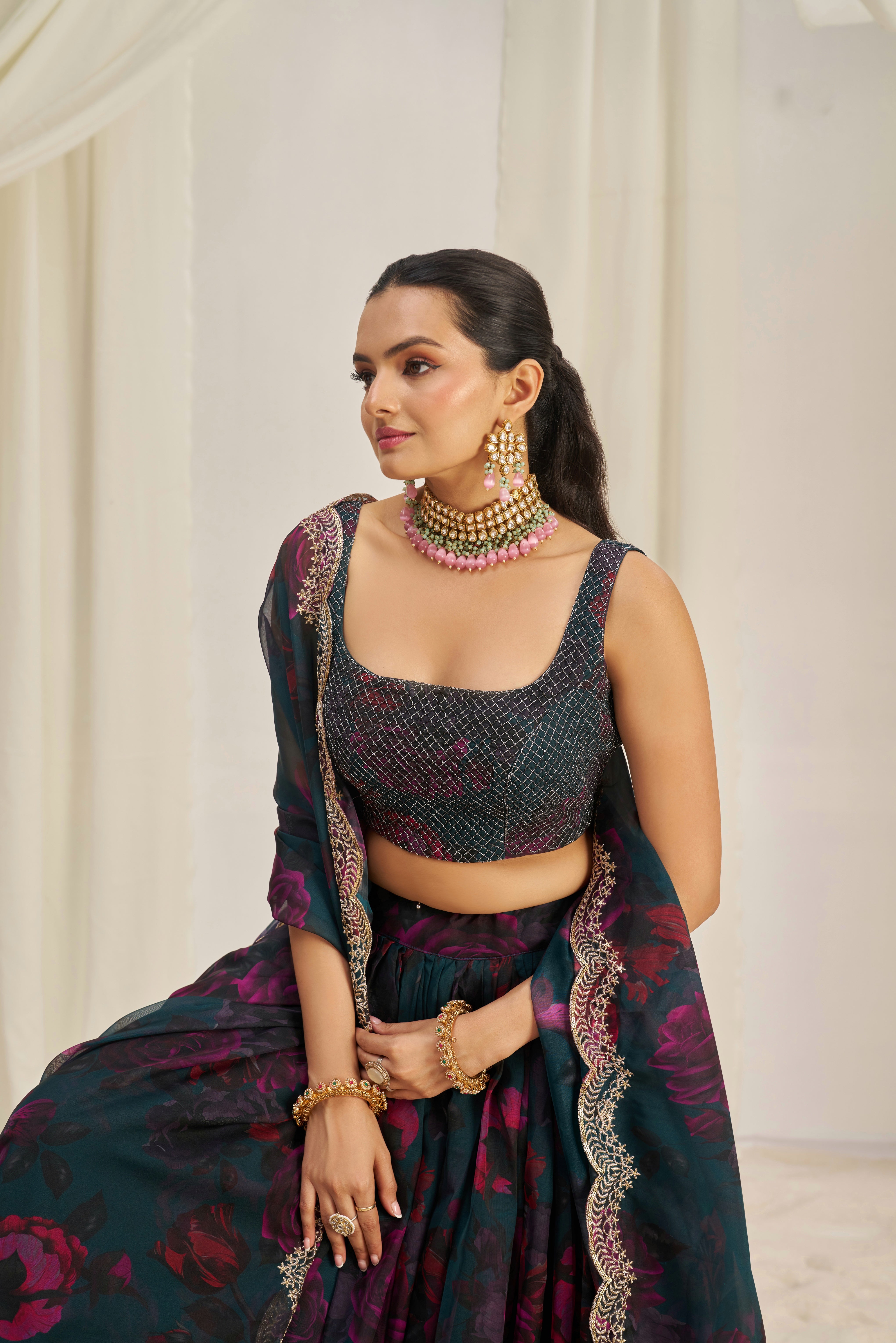 Teal Blue Floral Printed Organza Lehenga Choli