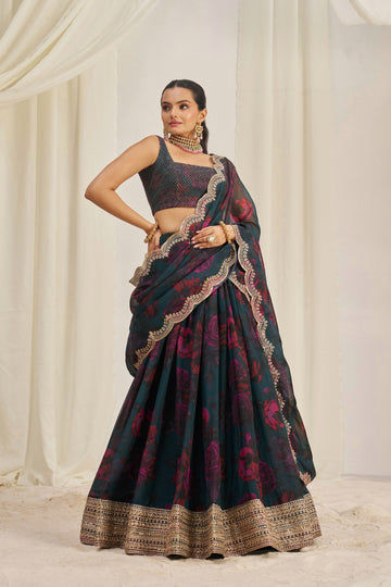 Teal Blue Floral Printed Organza Lehenga Choli