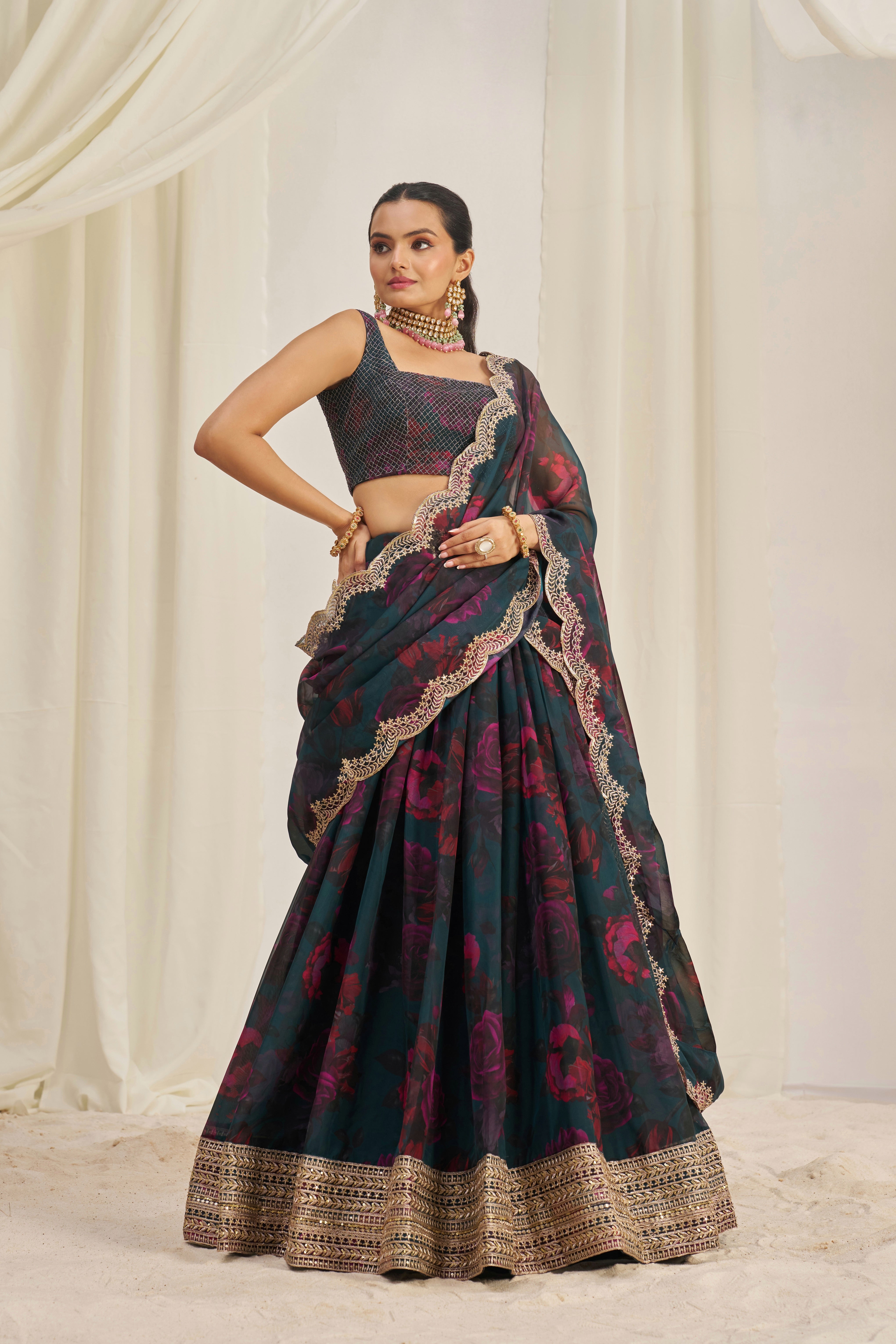 Teal Blue Floral Printed Organza Lehenga Choli