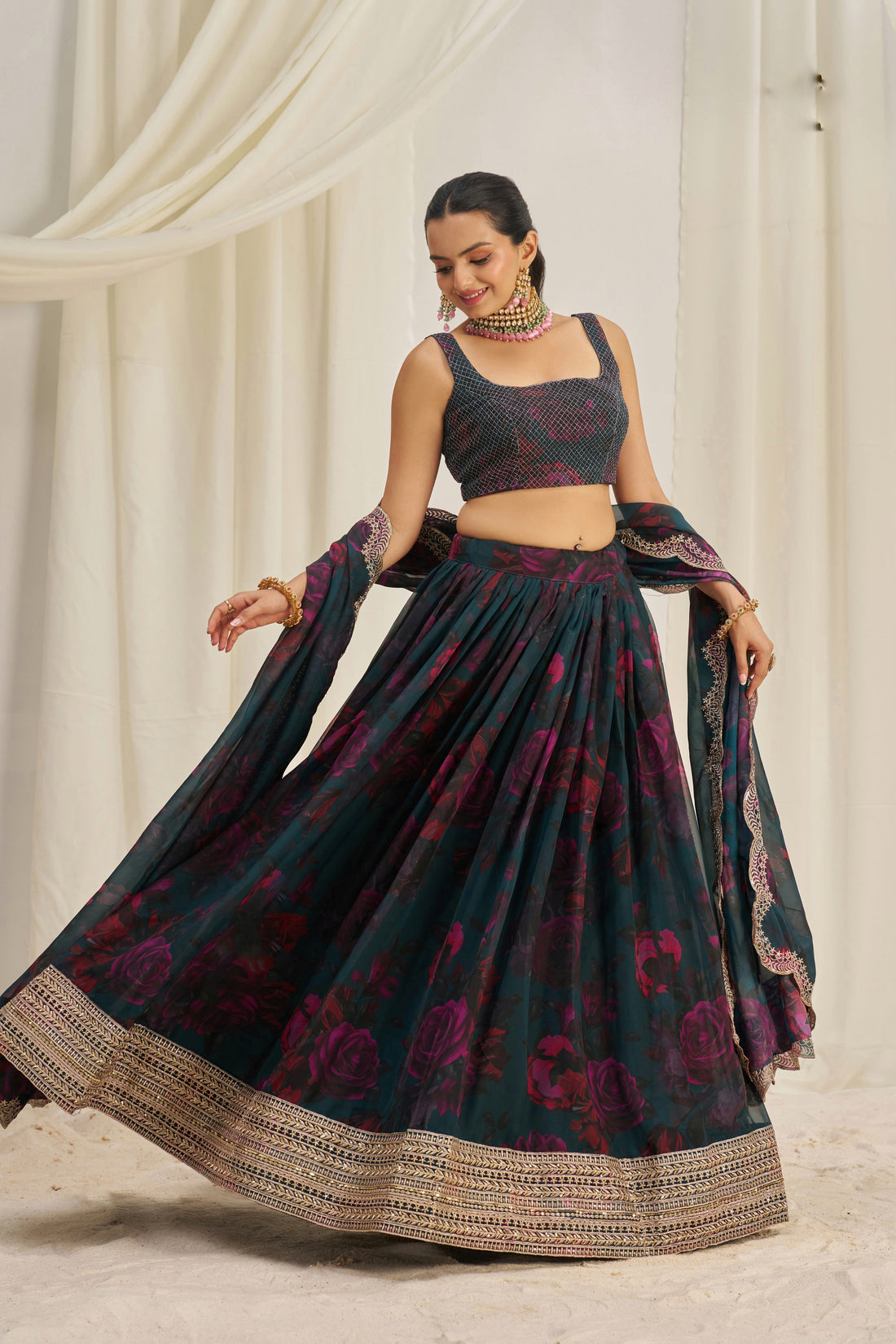 Teal Blue Floral Printed Organza Lehenga Choli