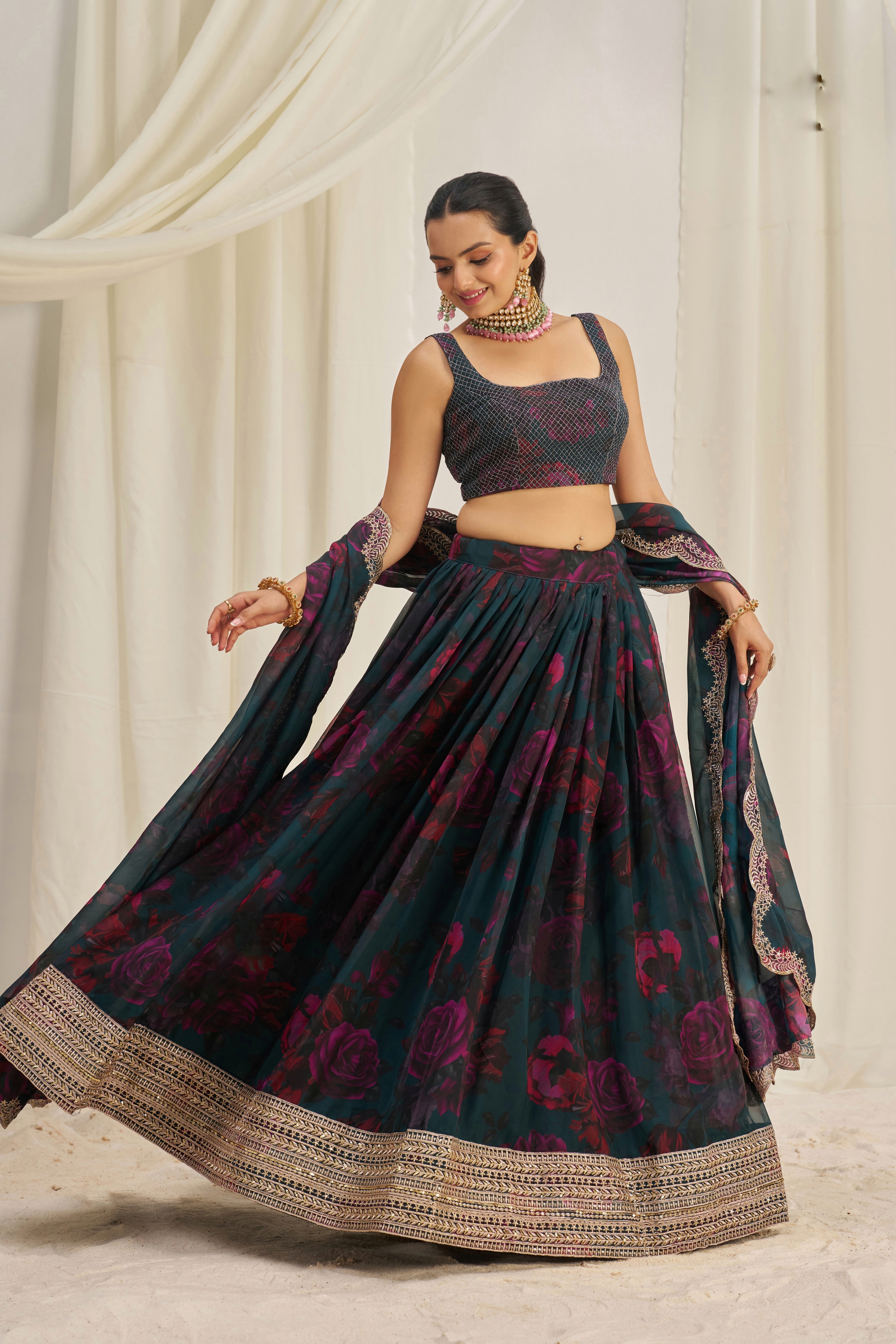 Teal Blue Floral Printed Organza Lehenga Choli