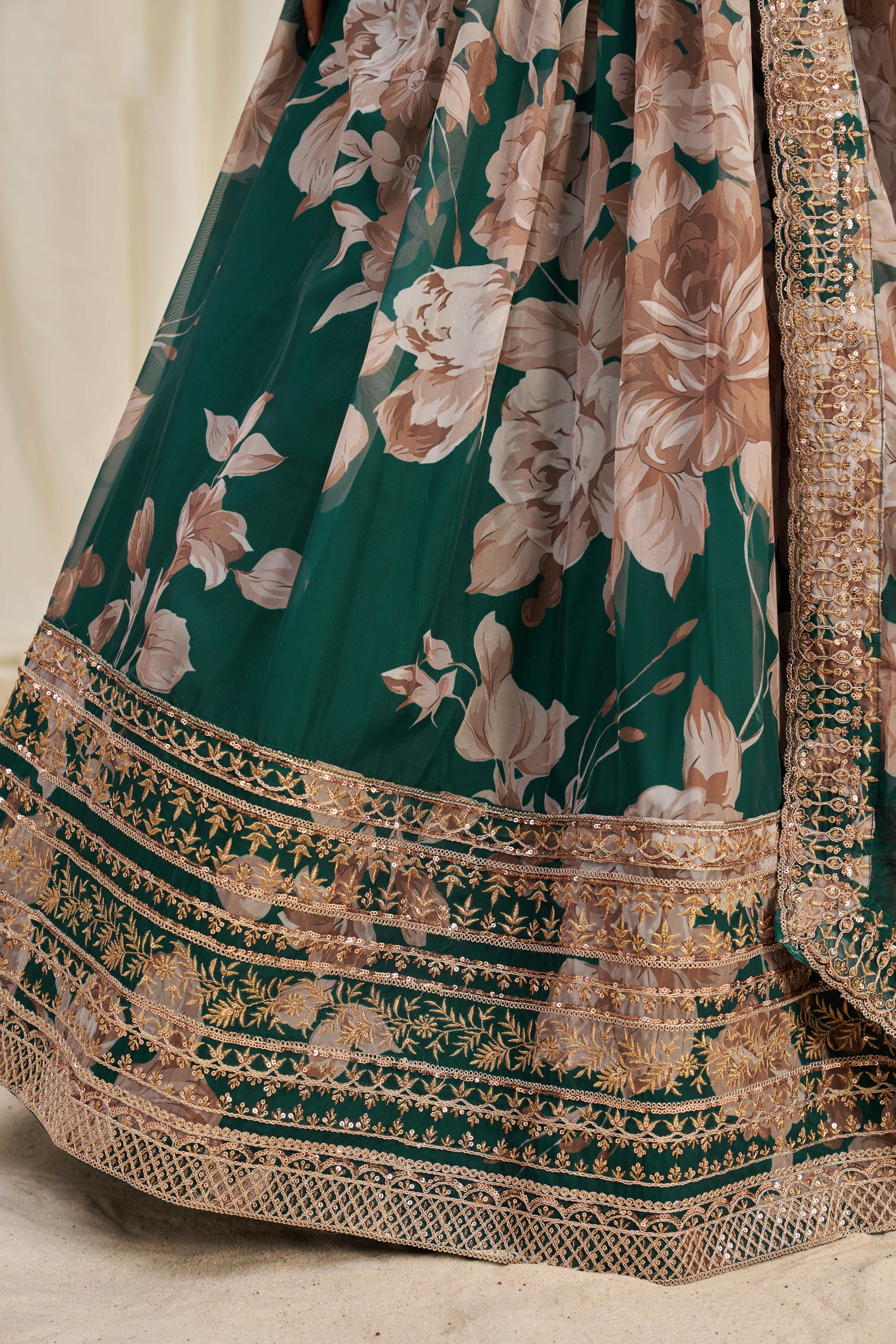 Dark Green Organza Lehenga Choli