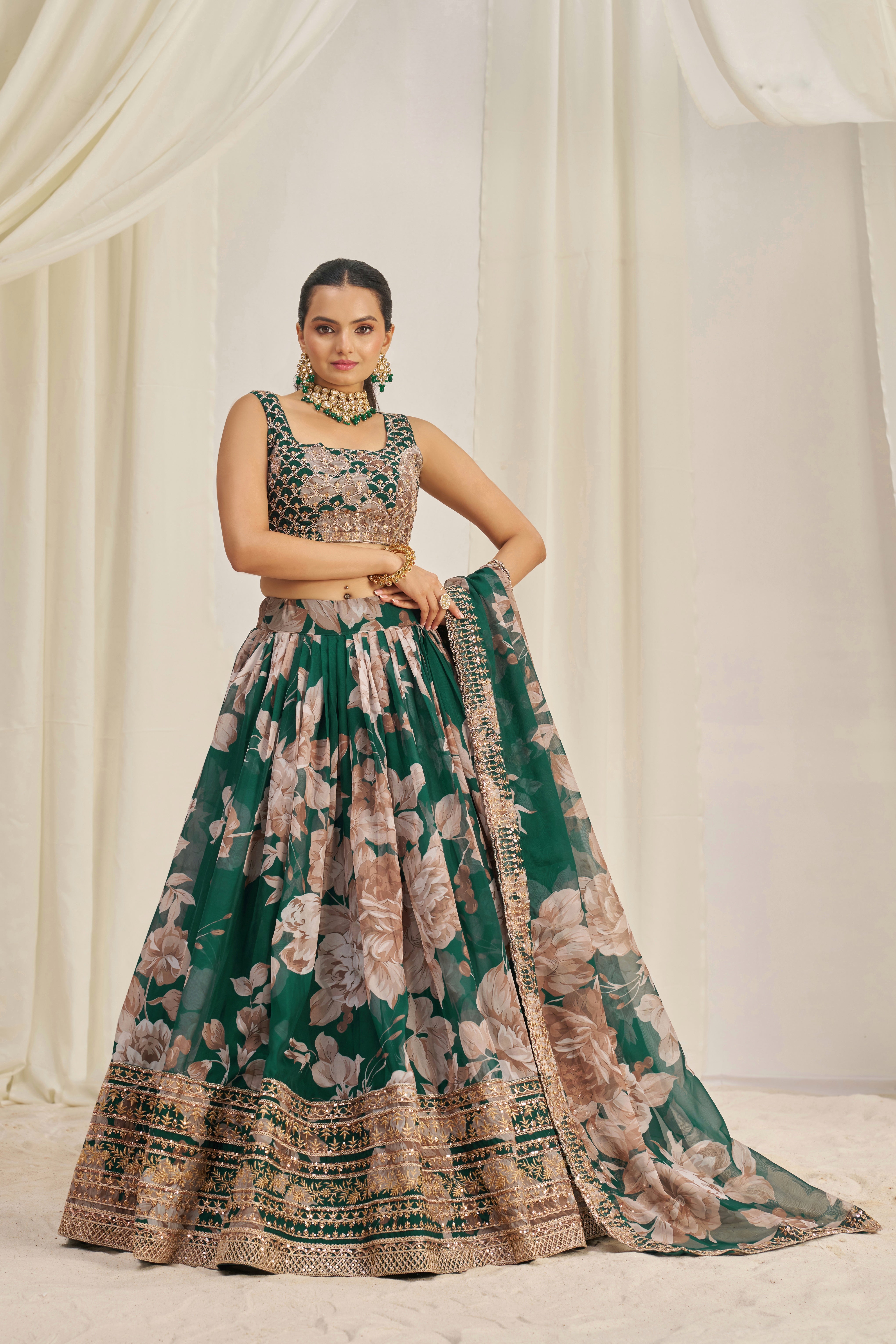 Dark Green Organza Lehenga Choli