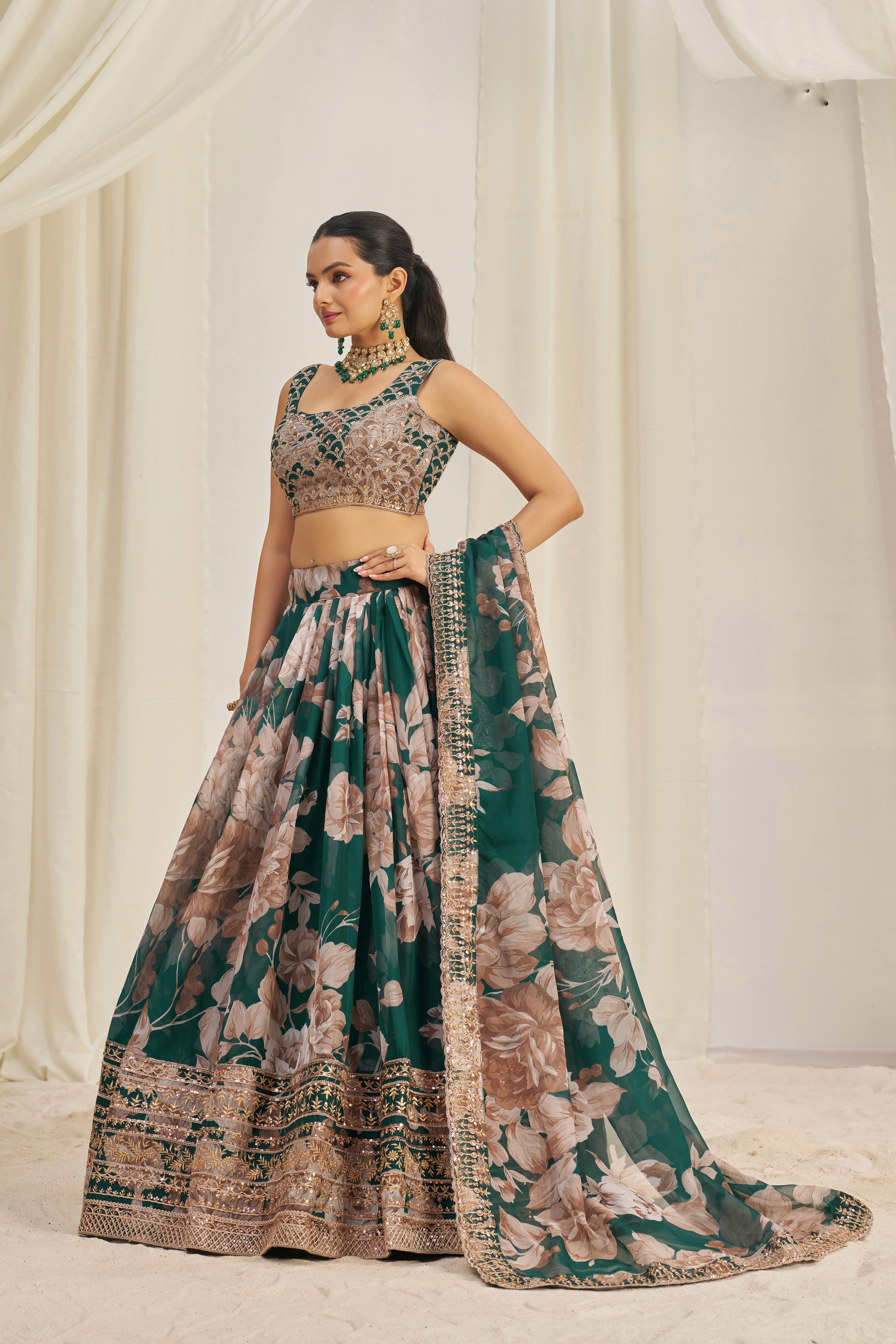 Dark Green Organza Lehenga Choli