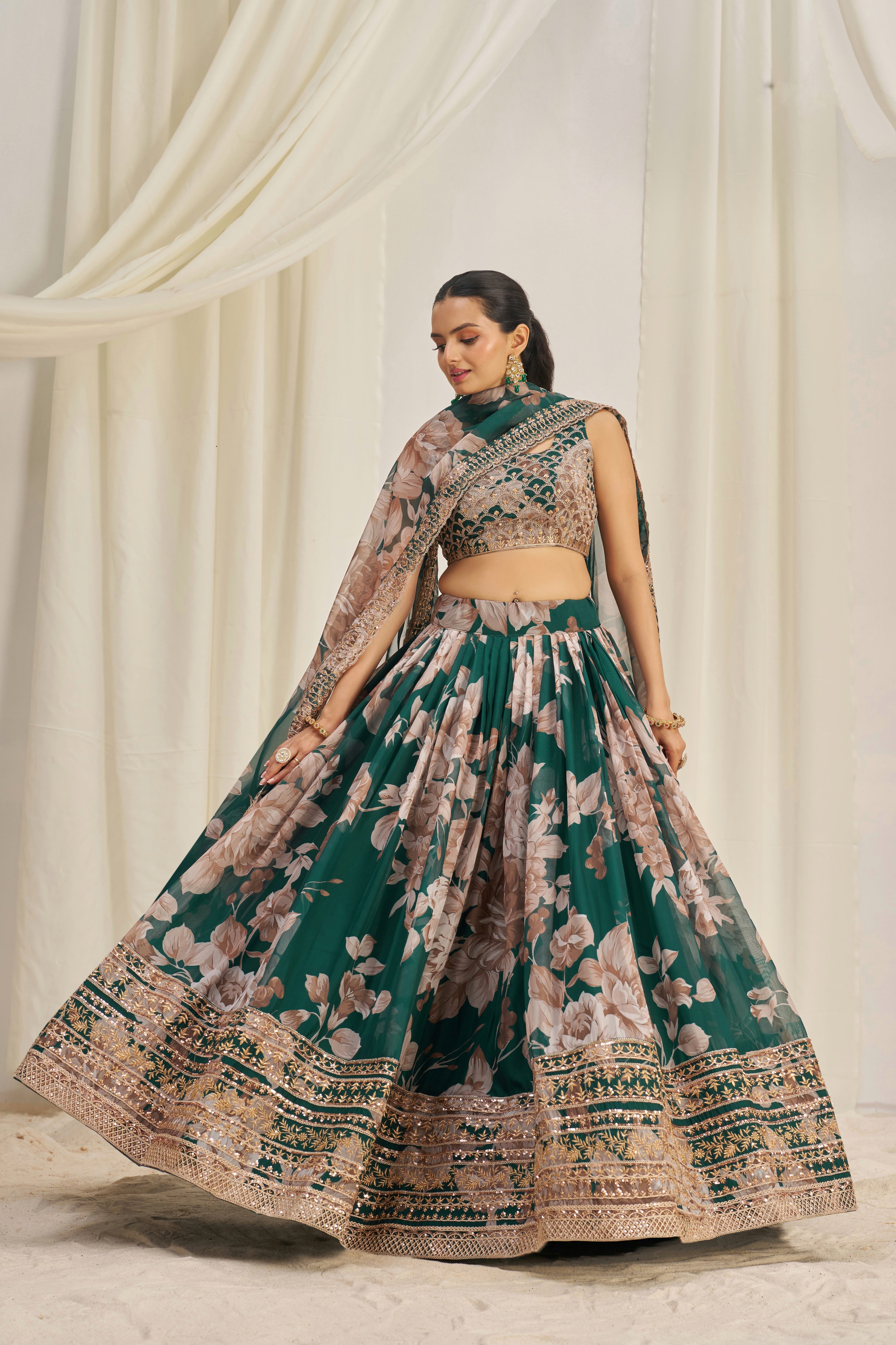 Dark Green Organza Lehenga Choli