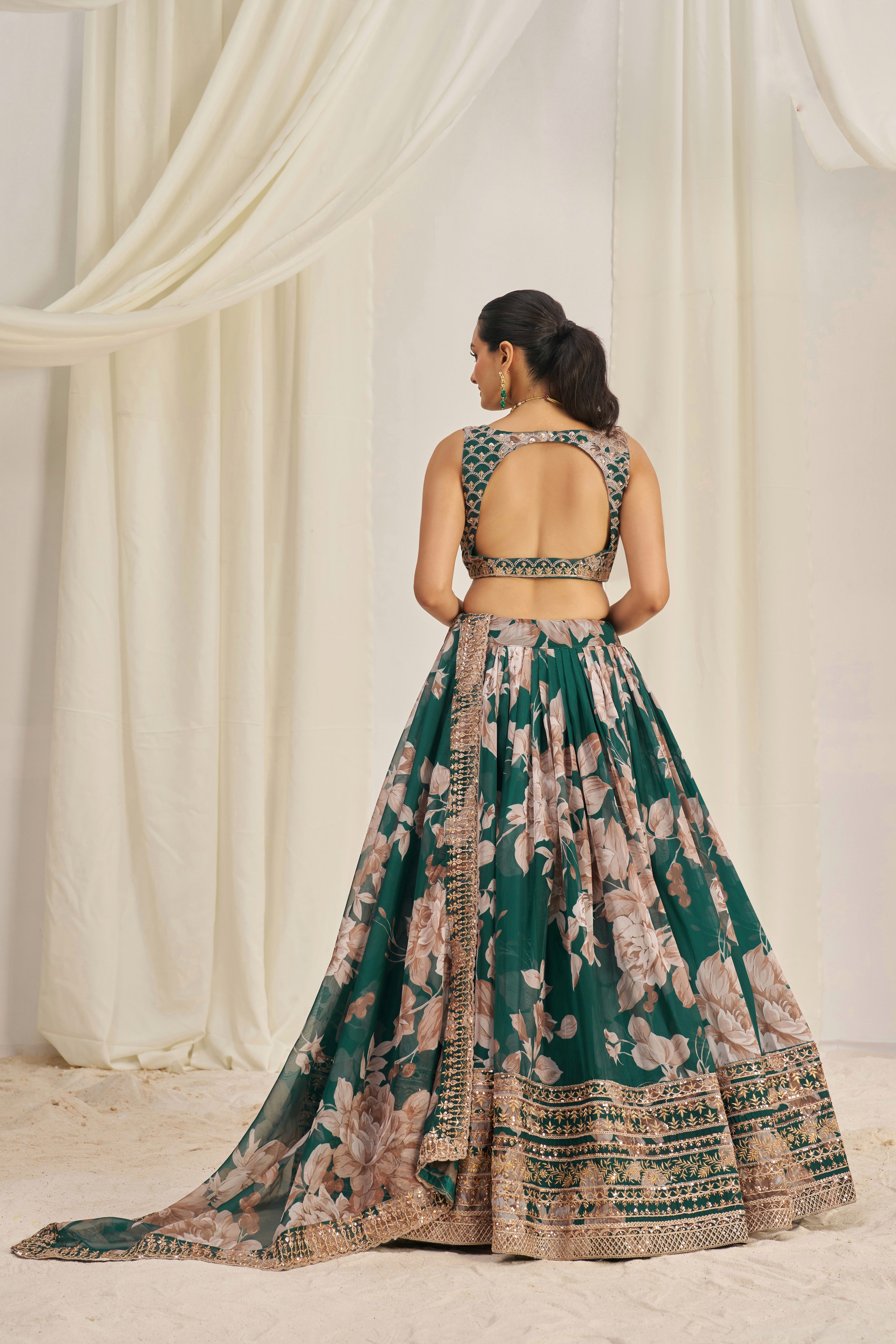 Dark Green Organza Lehenga Choli