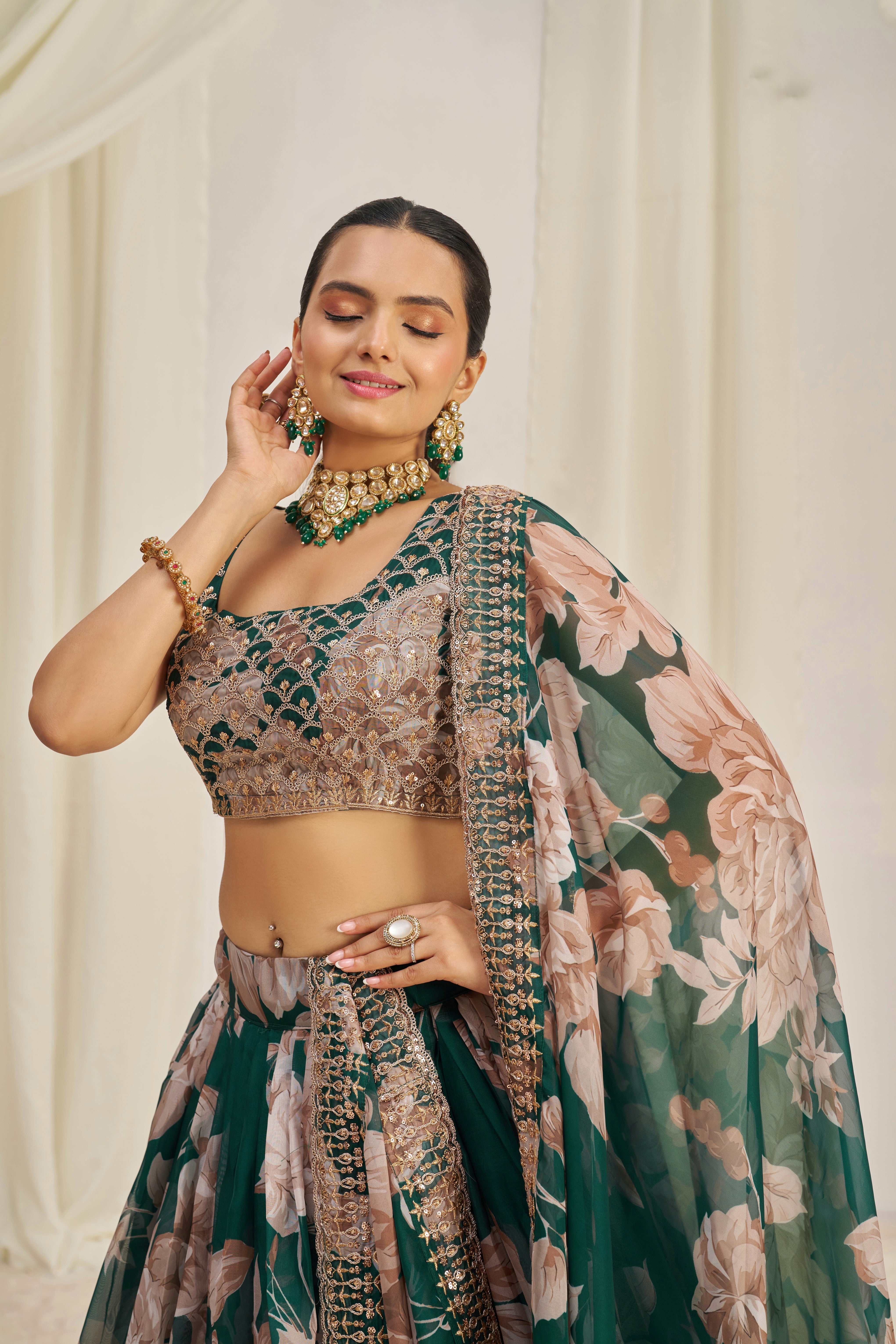 Dark Green Organza Lehenga Choli