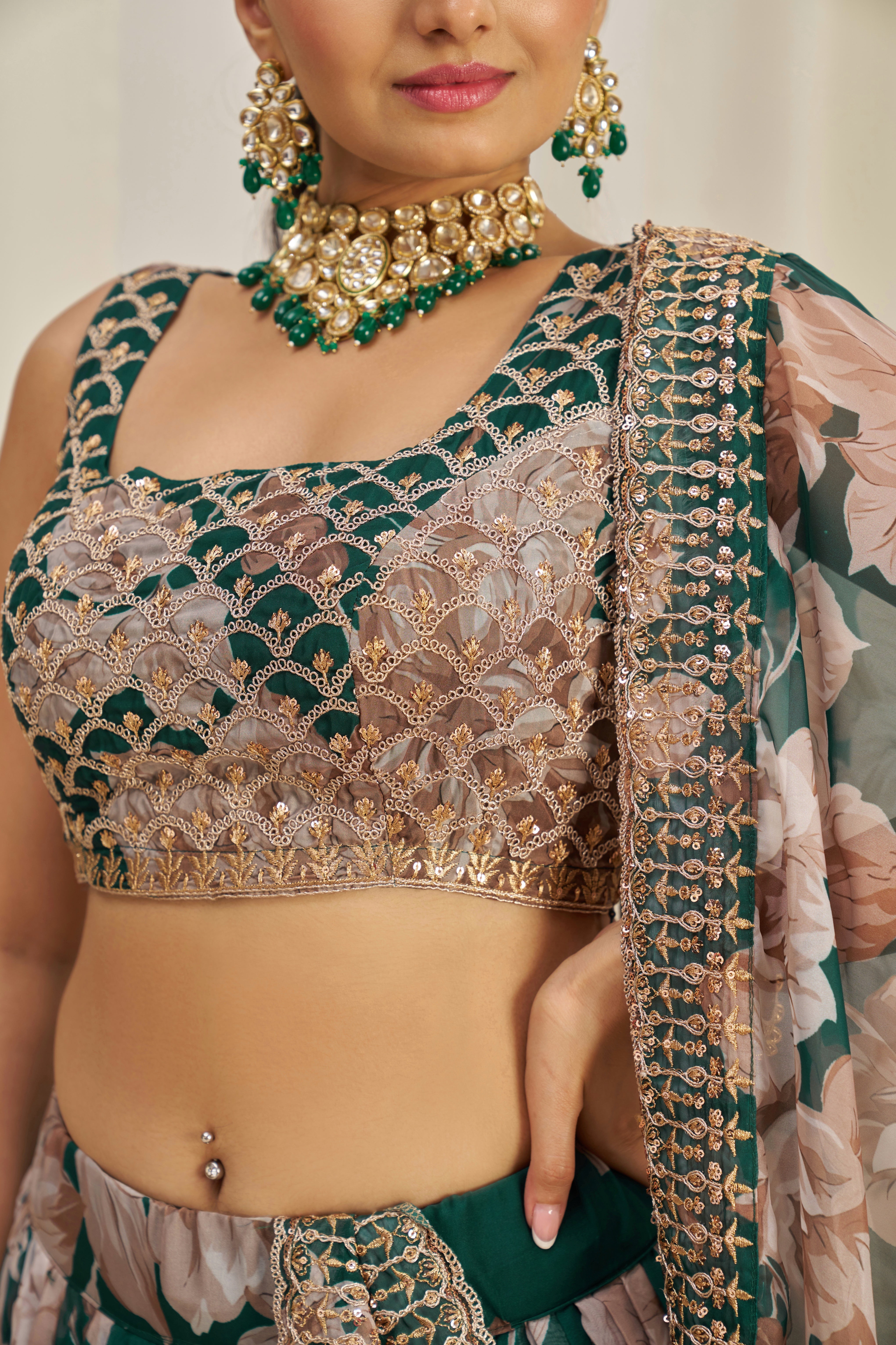 Dark Green Organza Lehenga Choli