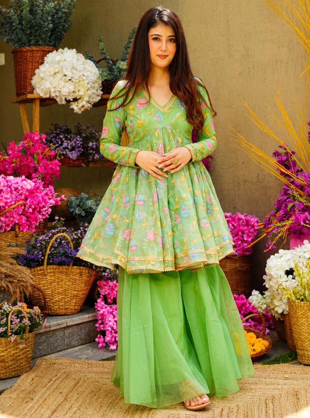 Green Floral Embroidered Organza Sharara Set