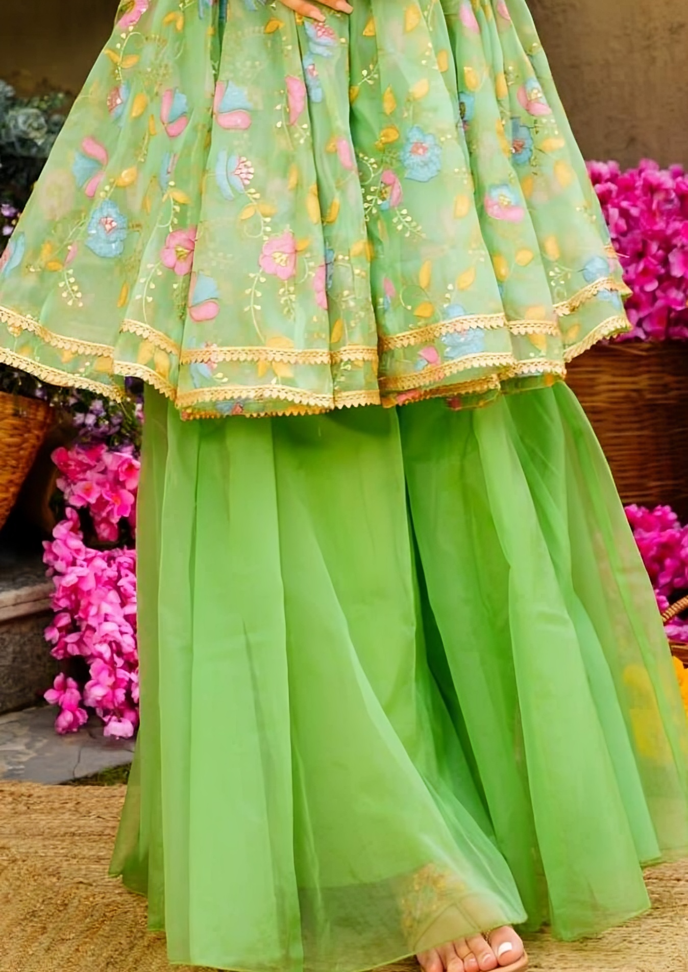 Green Floral Embroidered Organza Sharara Set