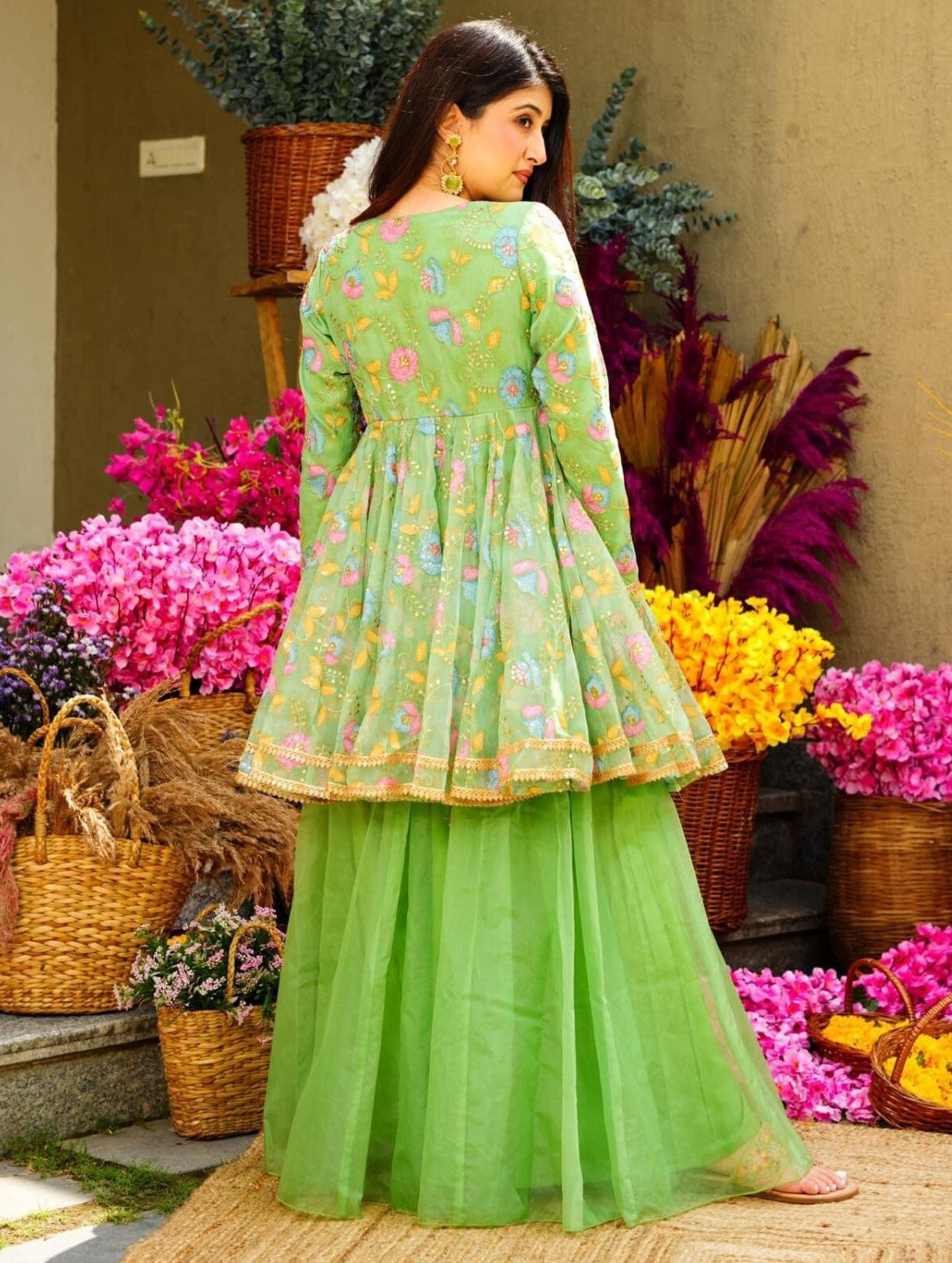 Green Floral Embroidered Organza Sharara Set