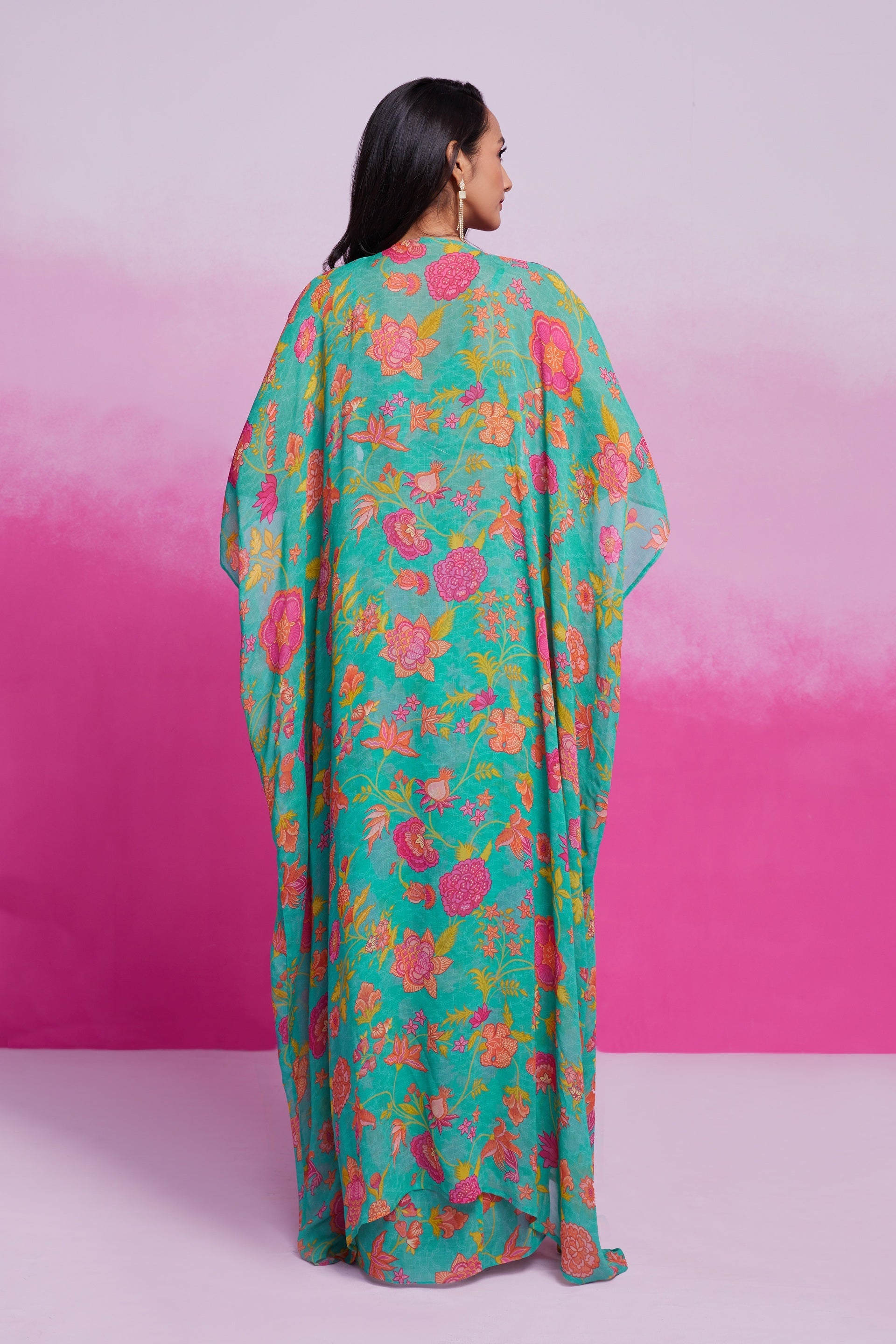 Blue Turquoise Georgette Printed & Embroidered Three-Piece Set