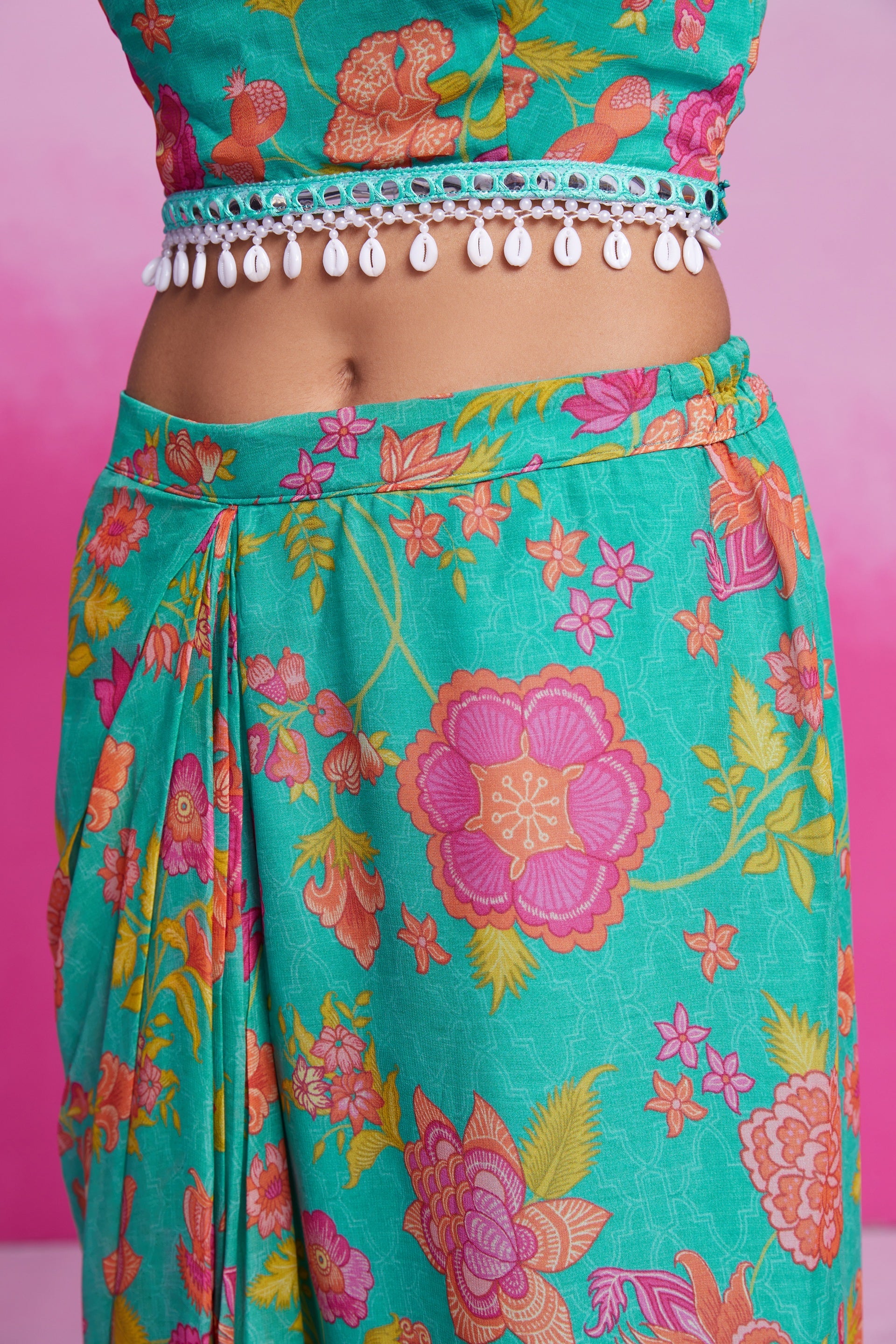 Blue Turquoise Georgette Printed & Embroidered Three-Piece Set