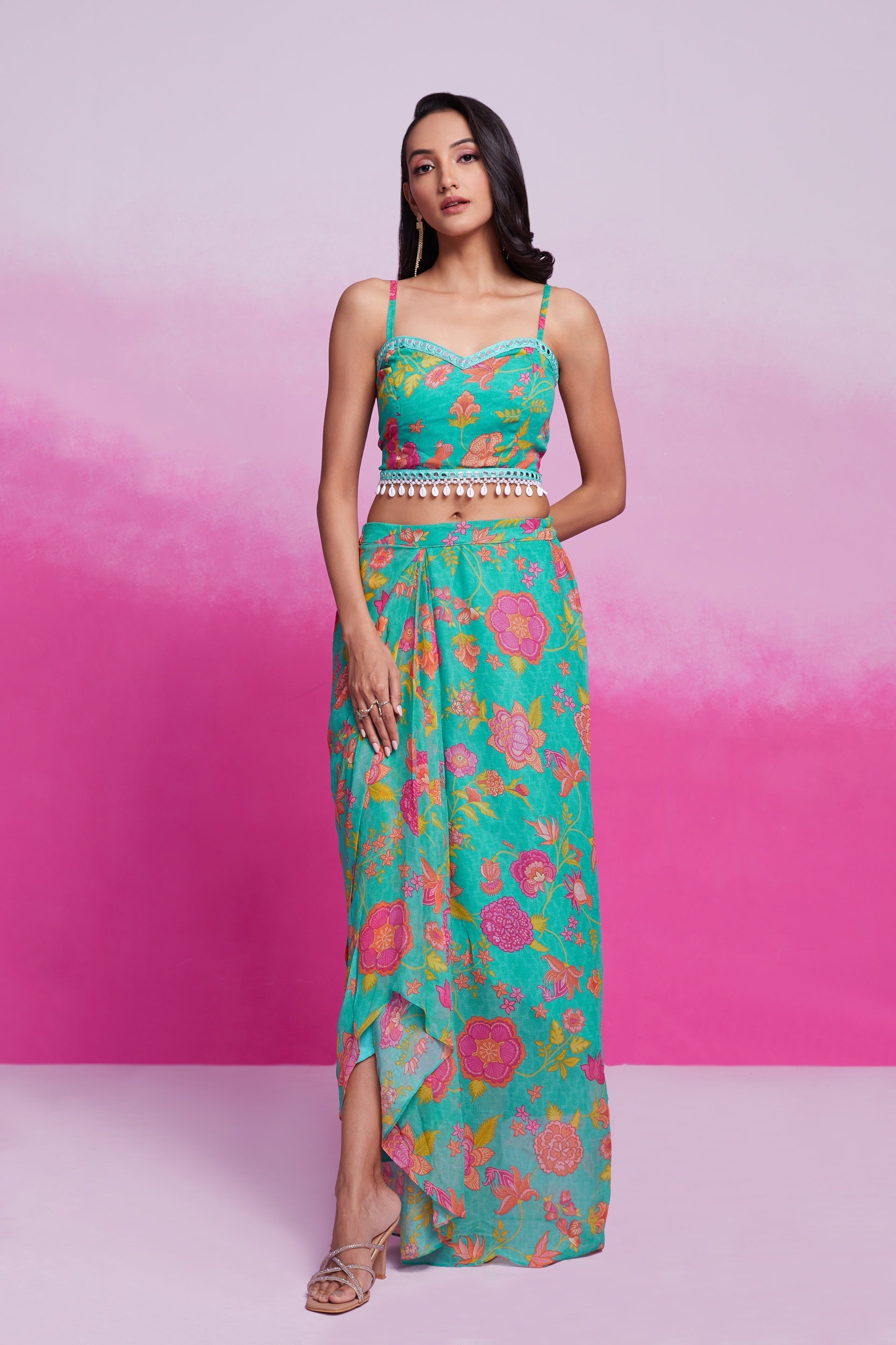 Blue Turquoise Georgette Printed & Embroidered Three-Piece Set
