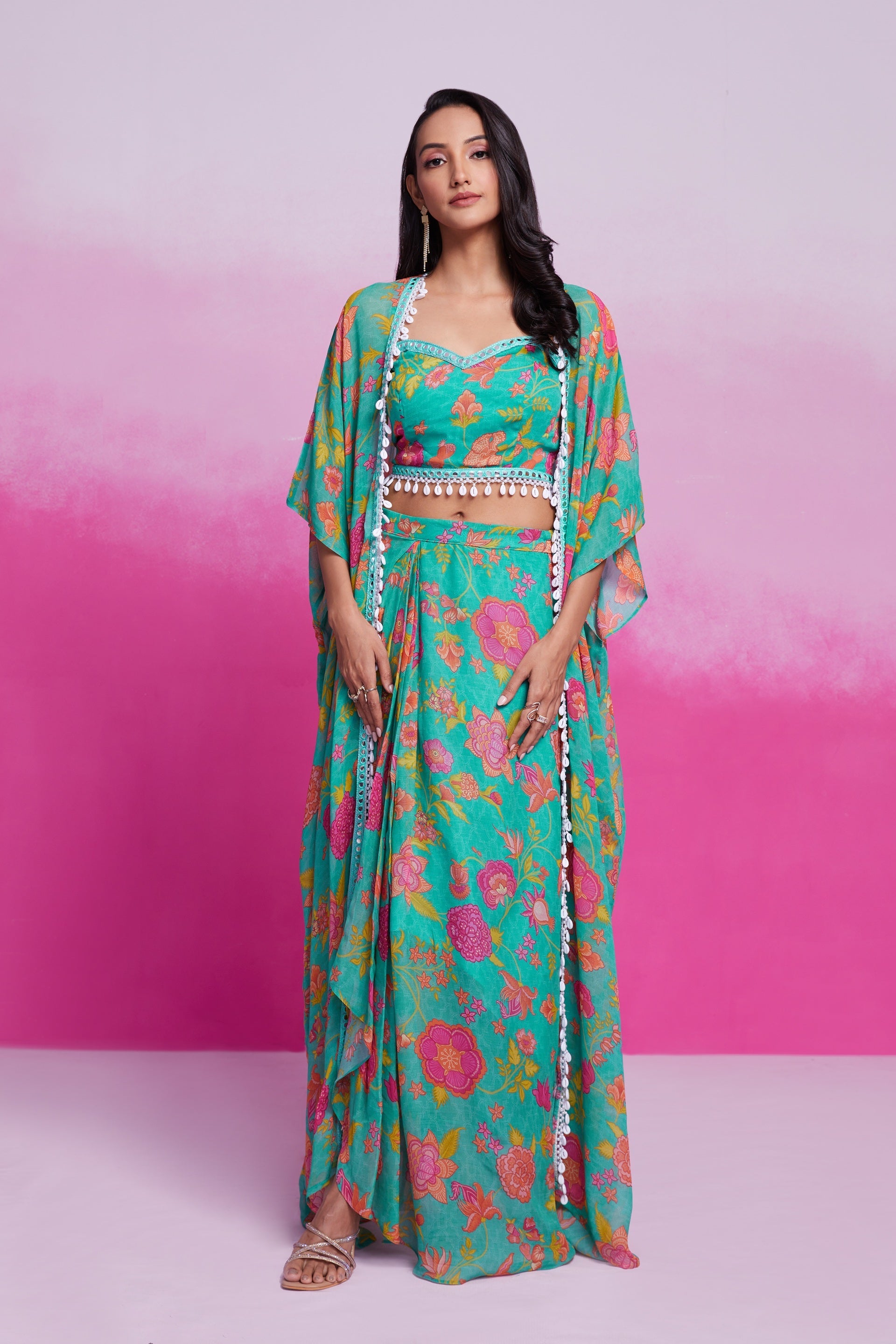 Blue Turquoise Georgette Printed & Embroidered Three-Piece Set