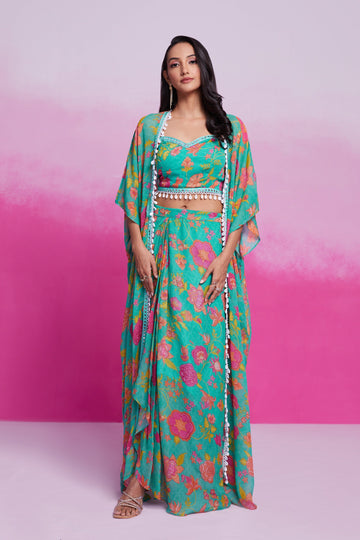 Blue Turquoise Georgette Printed & Embroidered Three-Piece Set