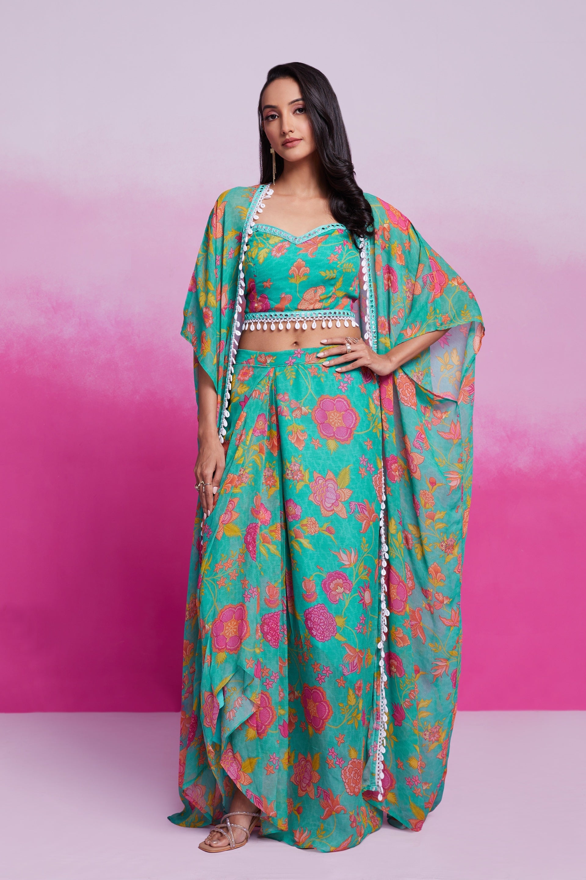 Blue Turquoise Georgette Printed & Embroidered Three-Piece Set