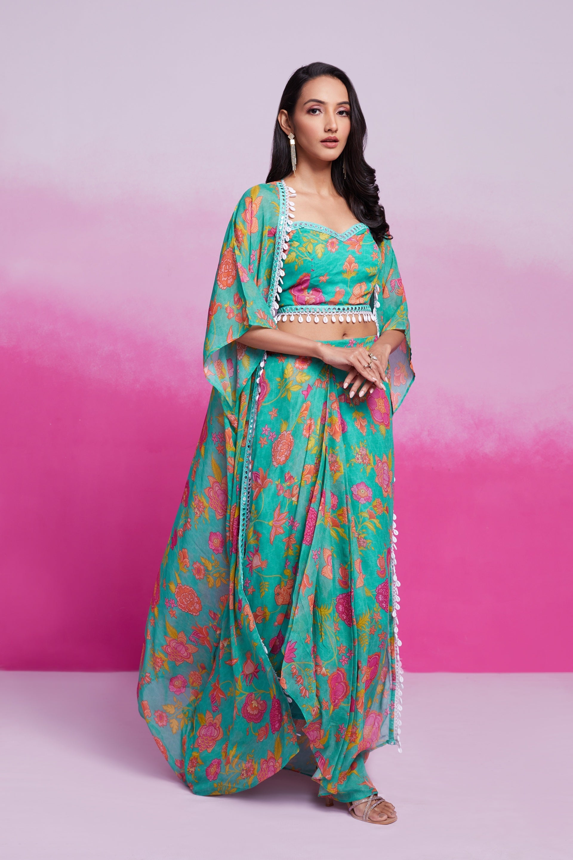 Blue Turquoise Georgette Printed & Embroidered Three-Piece Set