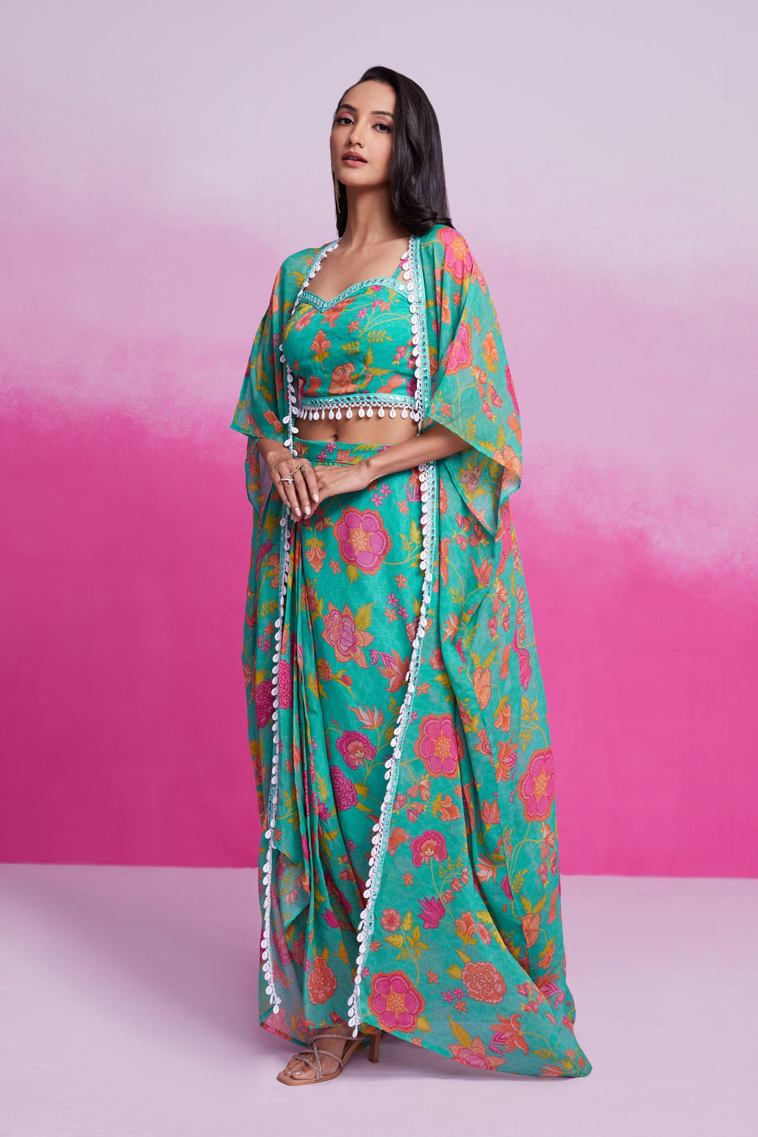Blue Turquoise Georgette Printed & Embroidered Three-Piece Set