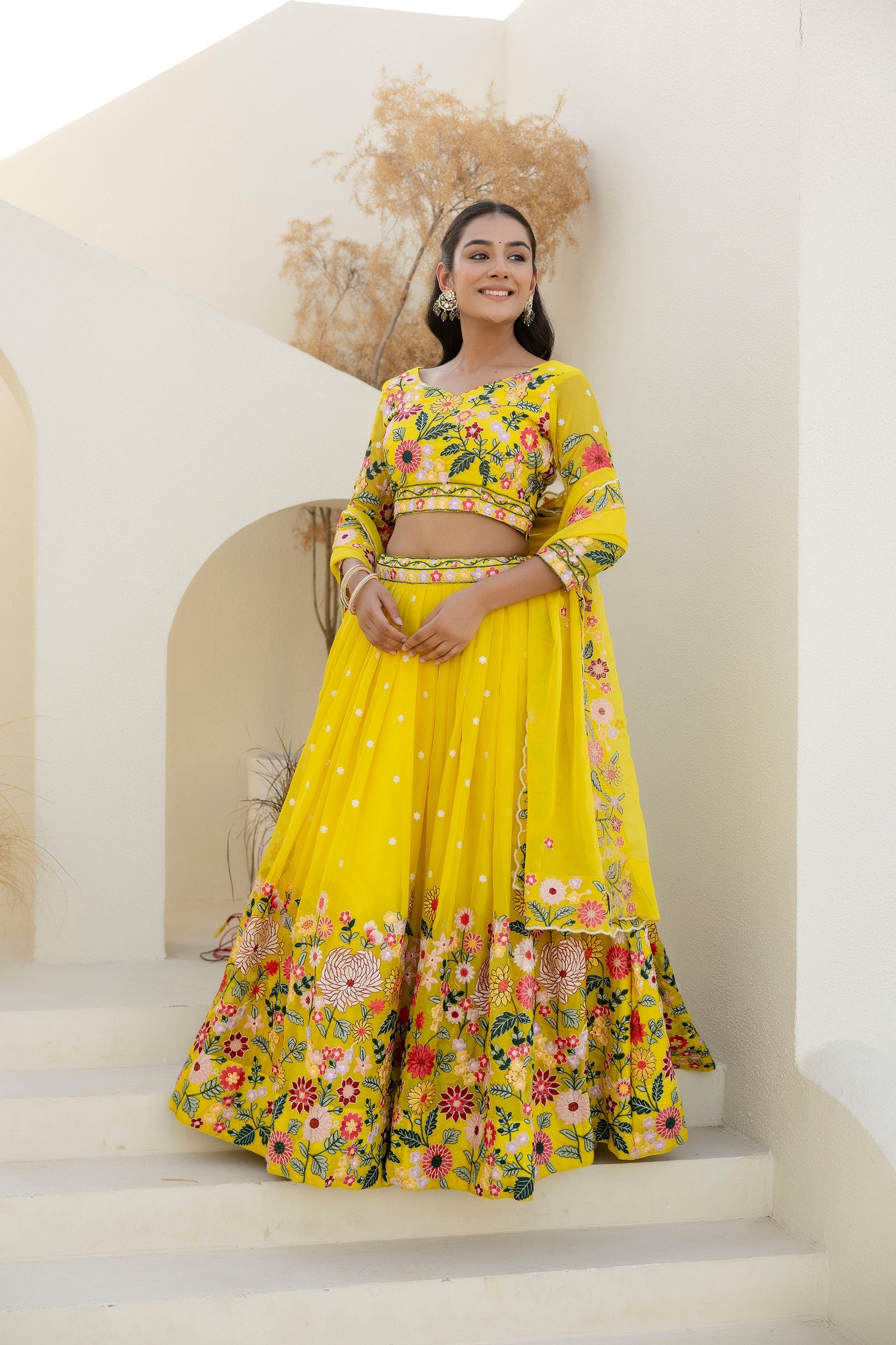 Yellow Embroidered Organza Lehenga Choli Set