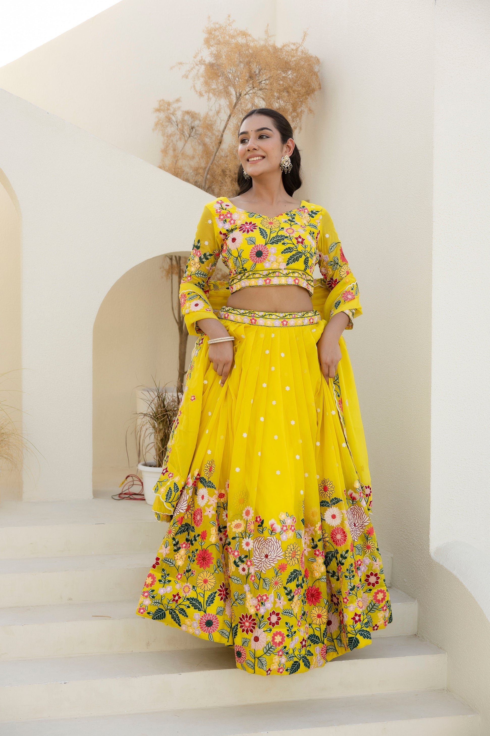 Yellow Embroidered Organza Lehenga Choli Set