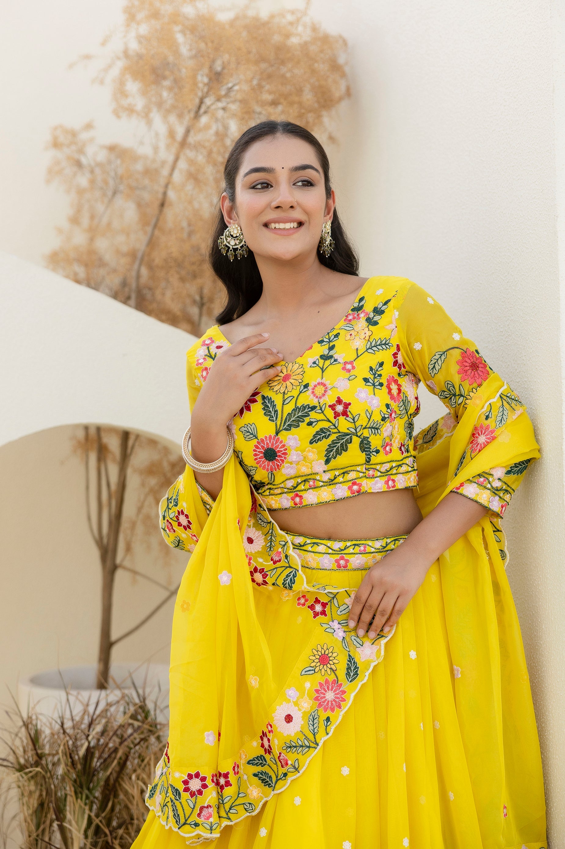 Yellow Embroidered Organza Lehenga Choli Set