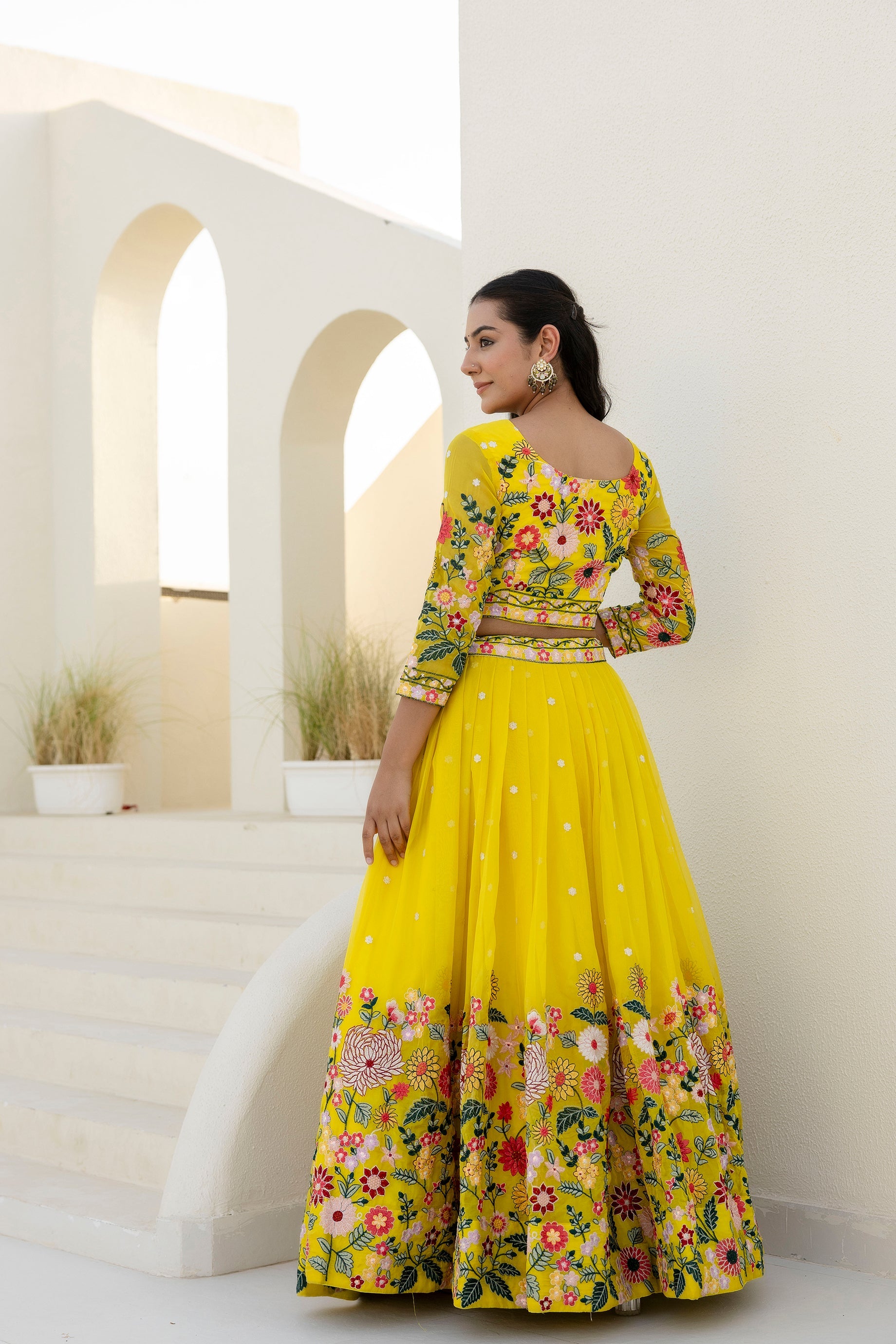 Yellow Embroidered Organza Lehenga Choli Set