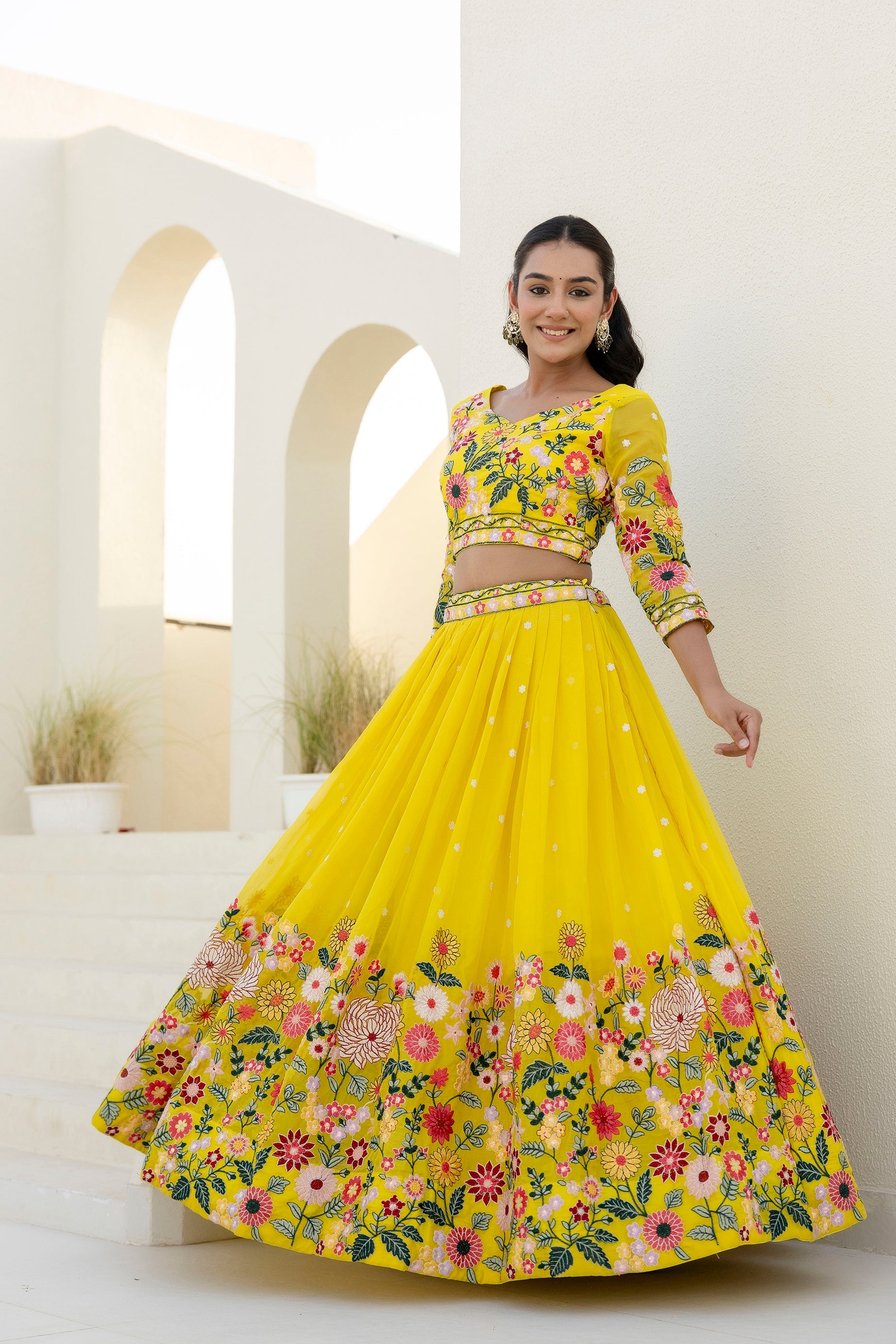 Yellow Embroidered Organza Lehenga Choli Set