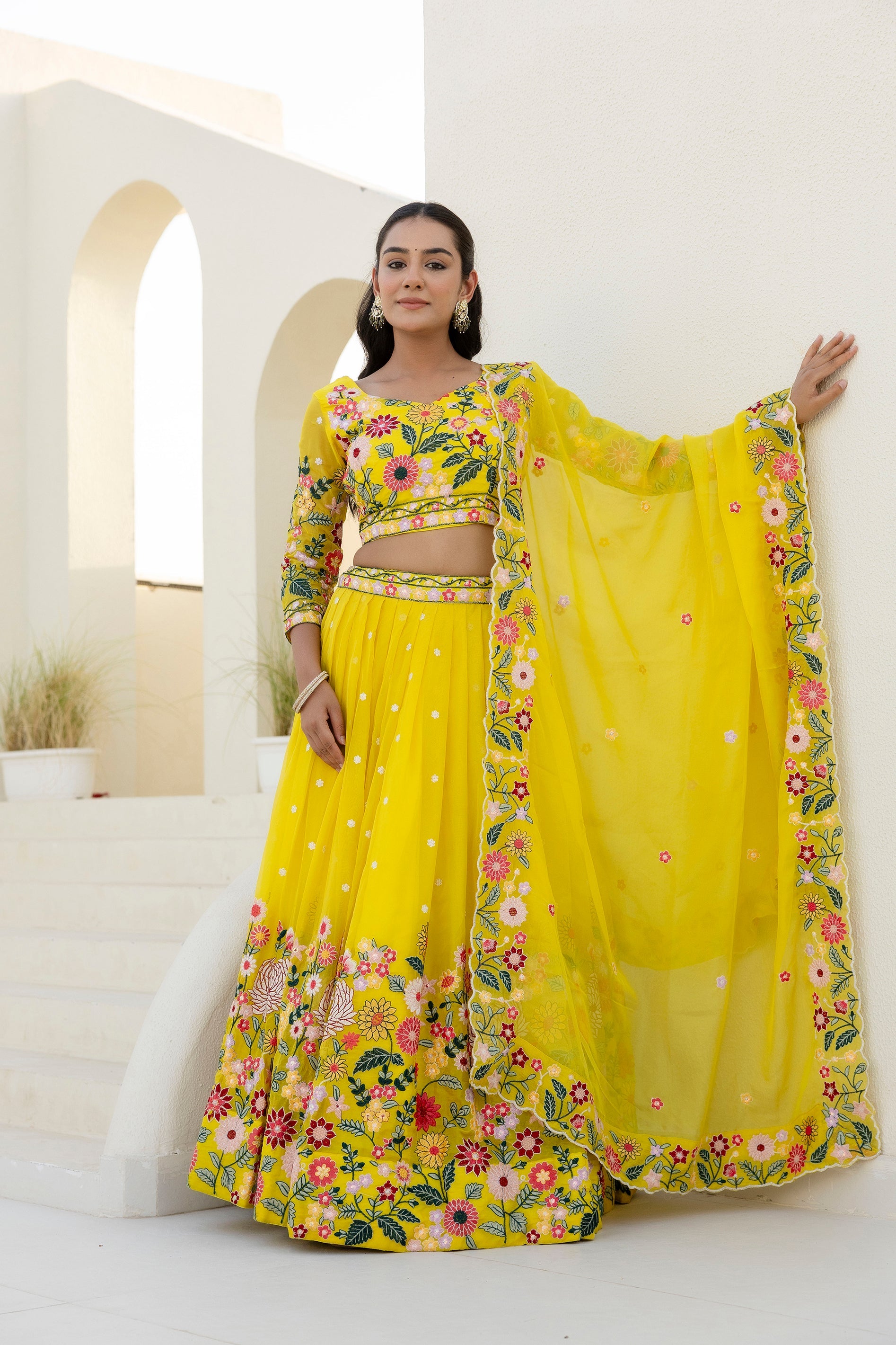 Yellow Embroidered Organza Lehenga Choli Set