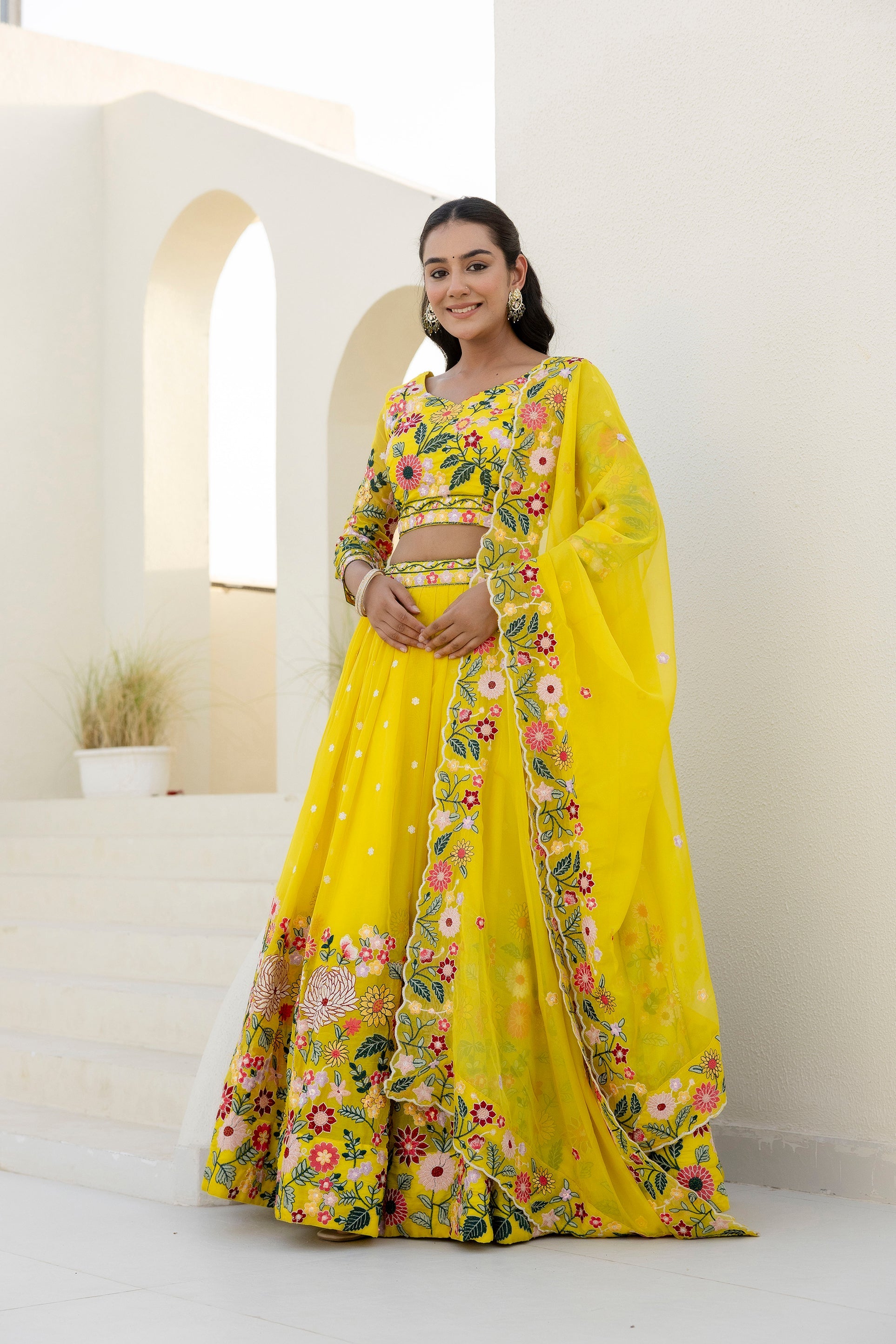 Yellow Embroidered Organza Lehenga Choli Set