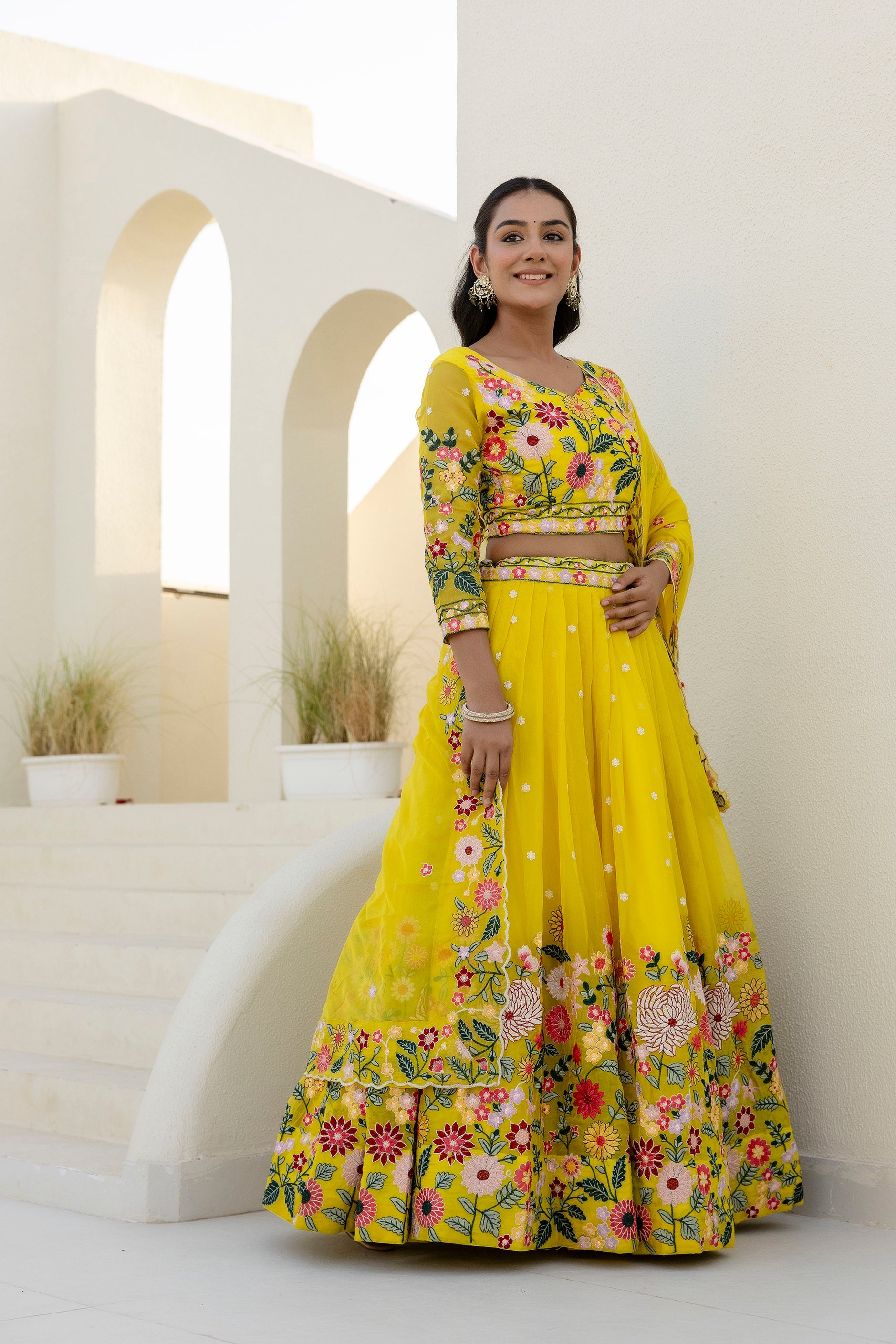 Yellow Embroidered Organza Lehenga Choli Set