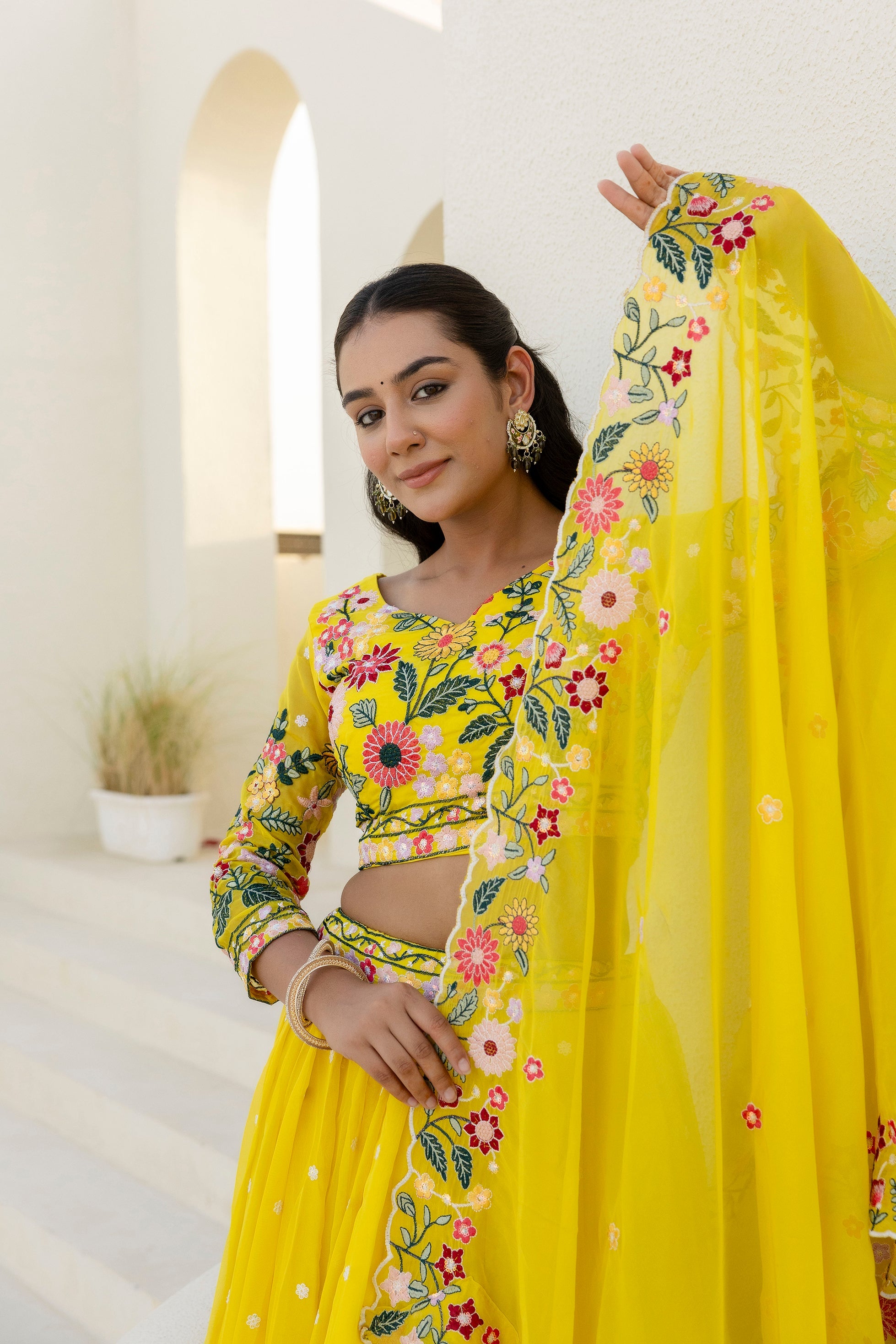 Yellow Embroidered Organza Lehenga Choli Set
