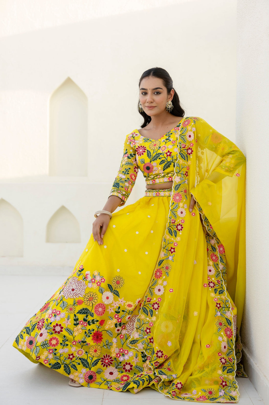 Yellow Embroidered Organza Lehenga Choli Set