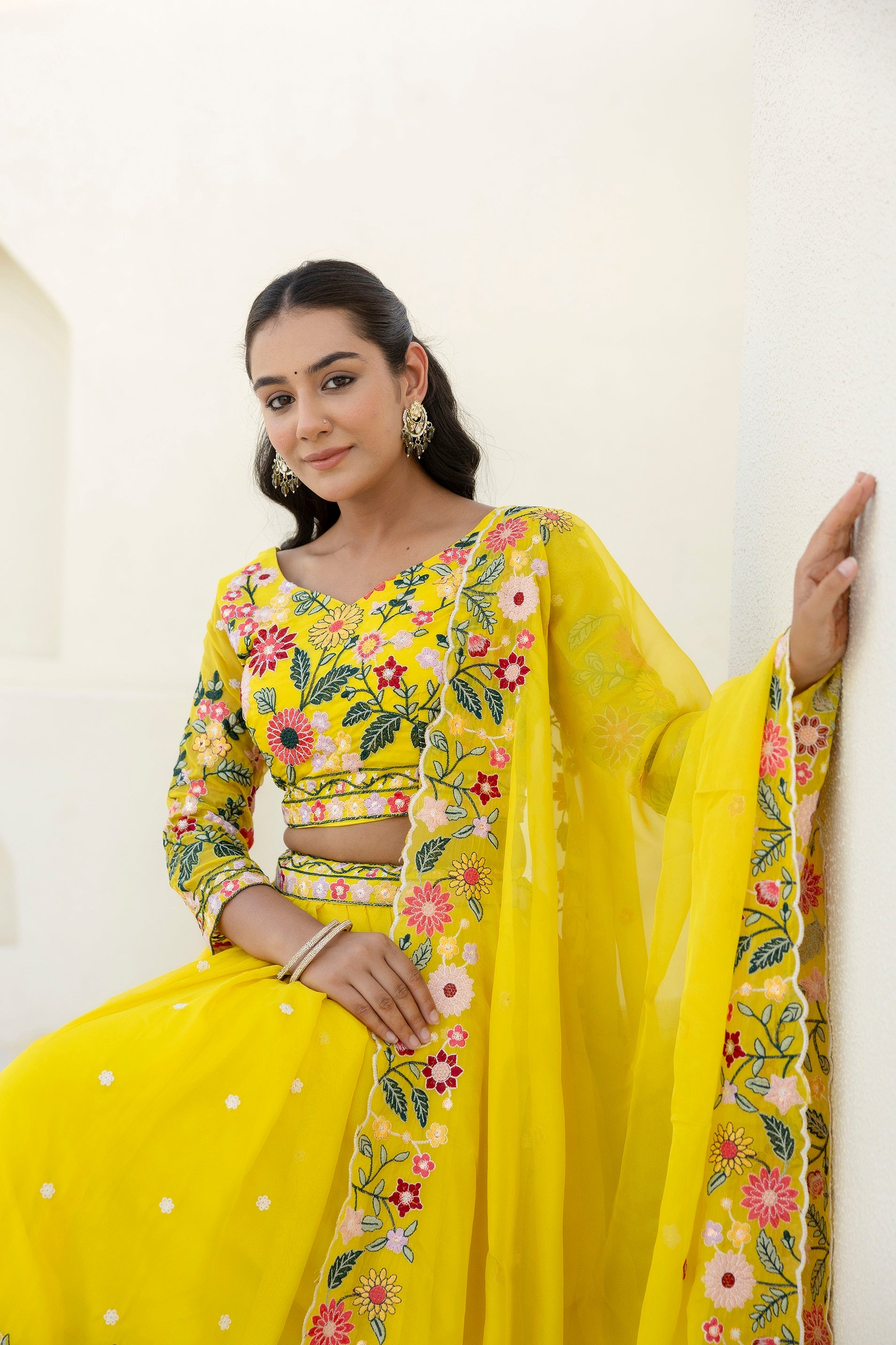 Yellow Embroidered Organza Lehenga Choli Set